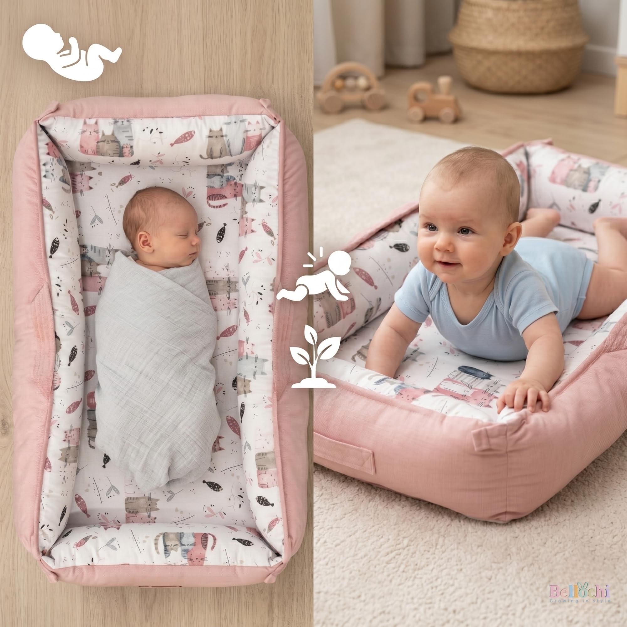 Bellochi Hush Baby Nest Cocoon leżak dla noworodka z cichymi magnetycznymi zapięciami dla spokojnego wypoczynku - hipoalergiczna bawełna premium, wielofunkcyjna mata na brzuch i przenośna kapsuła