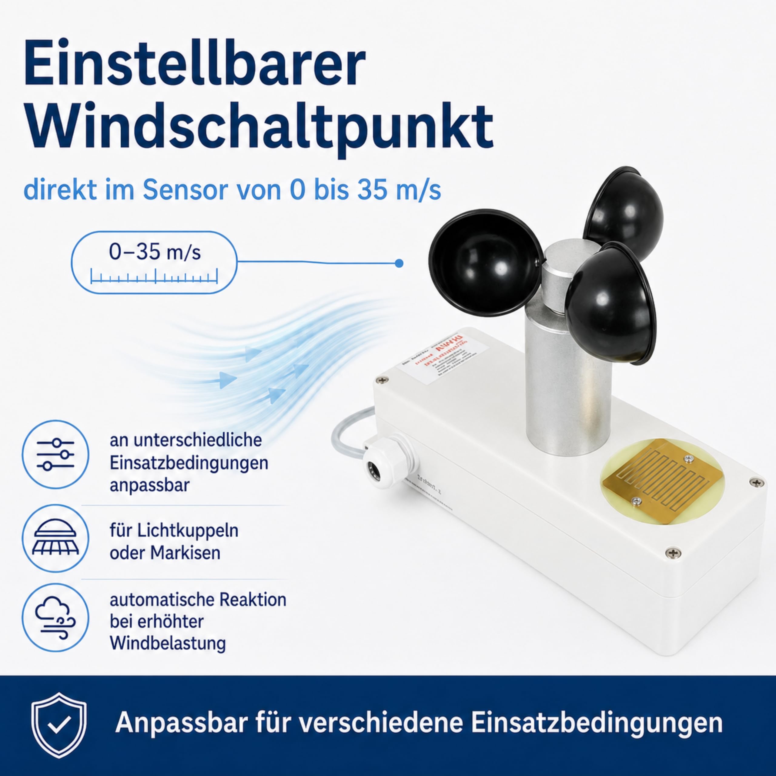 Wind und Regensensor Typ-Europa / 230V Sensor-Kombination mit beheizter Regenfühlerfläche - einstellbarem Windschaltpunkt - Masthalterung für Lichtkuppeln und Markisen