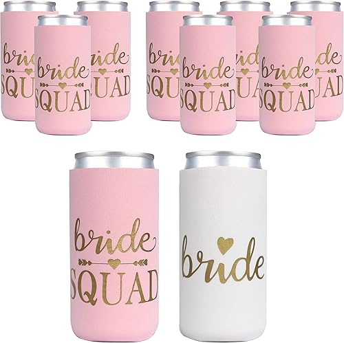 PartyGifts&Beyond Paquete de 10 enfriadores de latas para dama de honor, funda para latas de escuadrón de novia para decoración de despedida de