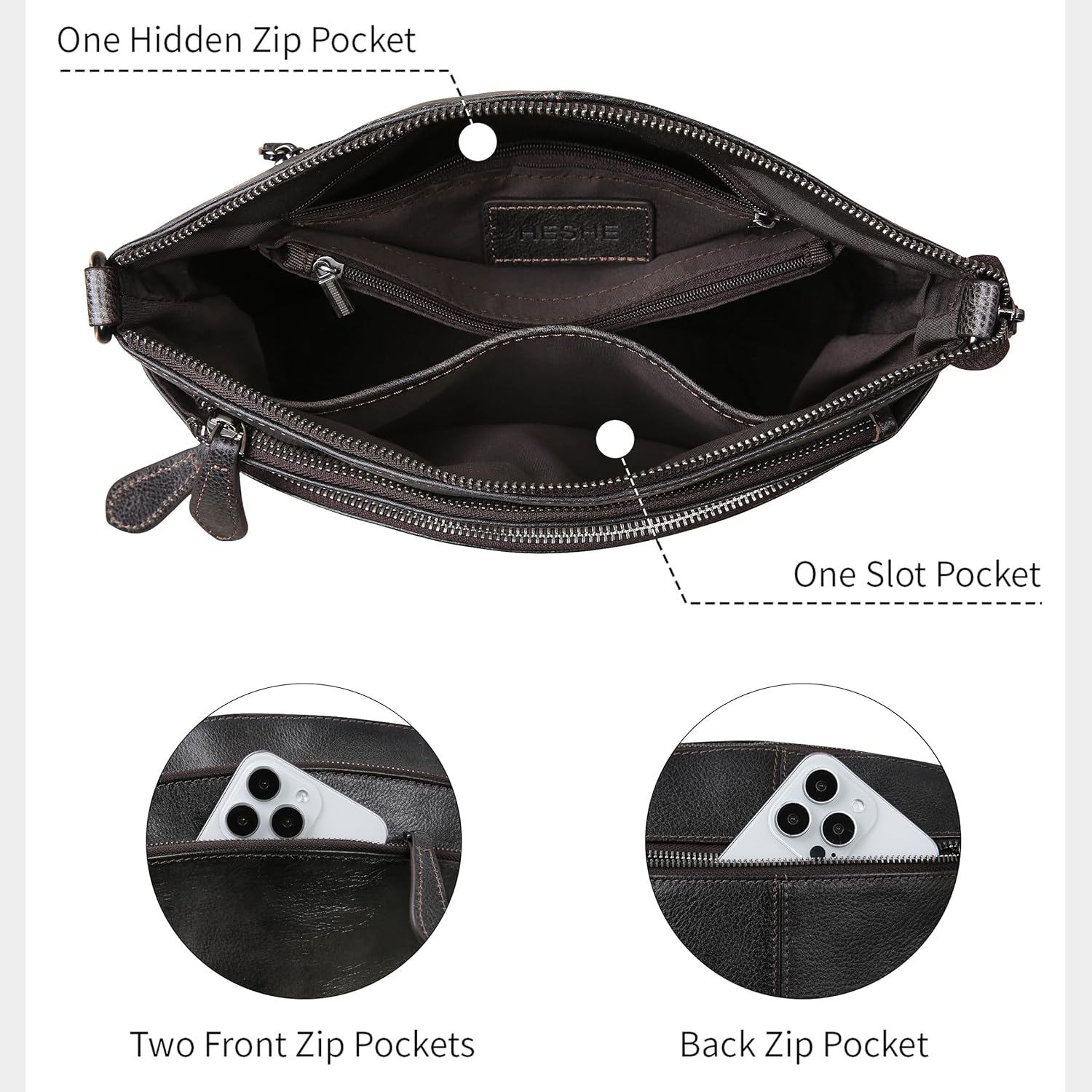 HESHE Crossbody Bags for Women Genuine Leather Purses with Multi-Pockets Vintage Ladies Small Shoulder Satchel Bag - Image 5