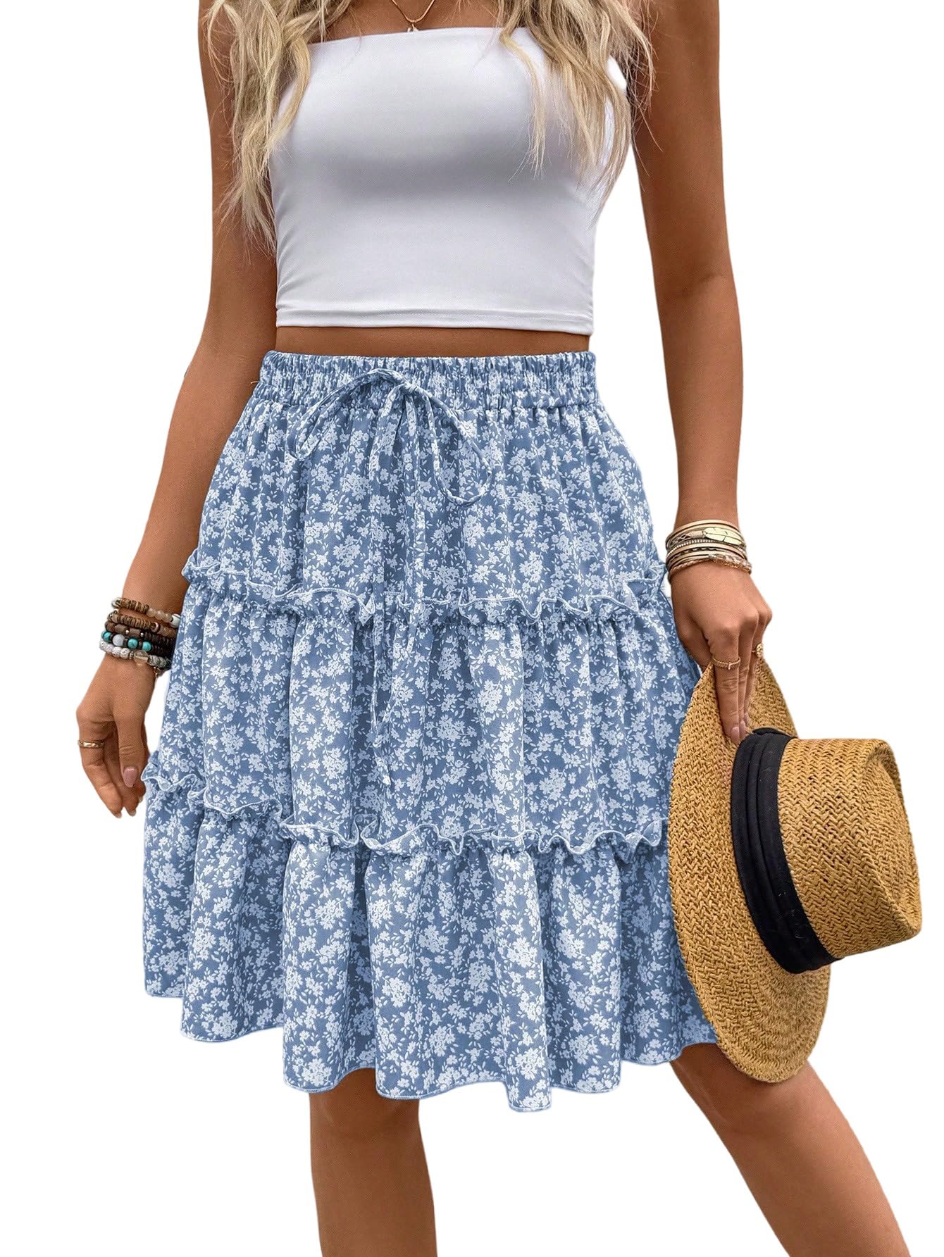 GORGLITTER Falda de mujer con estampado de flores, falda midi de verano en una línea, falda casual hasta la rodilla, falda larga de verano con nudos, falda bohemia, informal, falda de playa