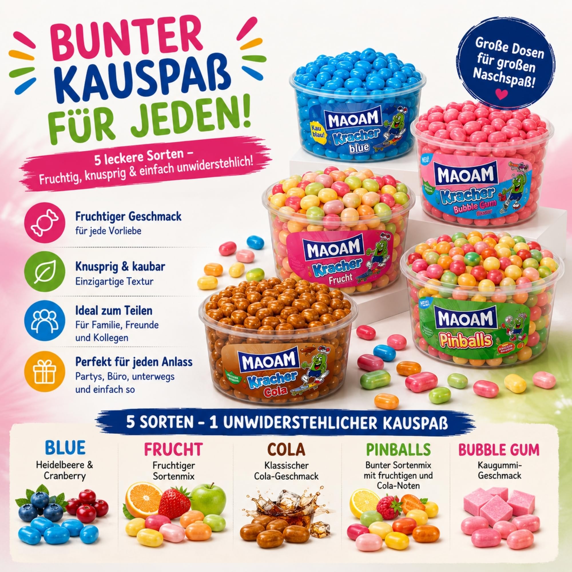 HLKauf Bundle Maoam Kracher: 3er Set Cola, Pinballs & Blue Kaubonbon Süßigkeiten Sets für Büro, Party, Kindergeburtstag, Großpackung & Notizblock