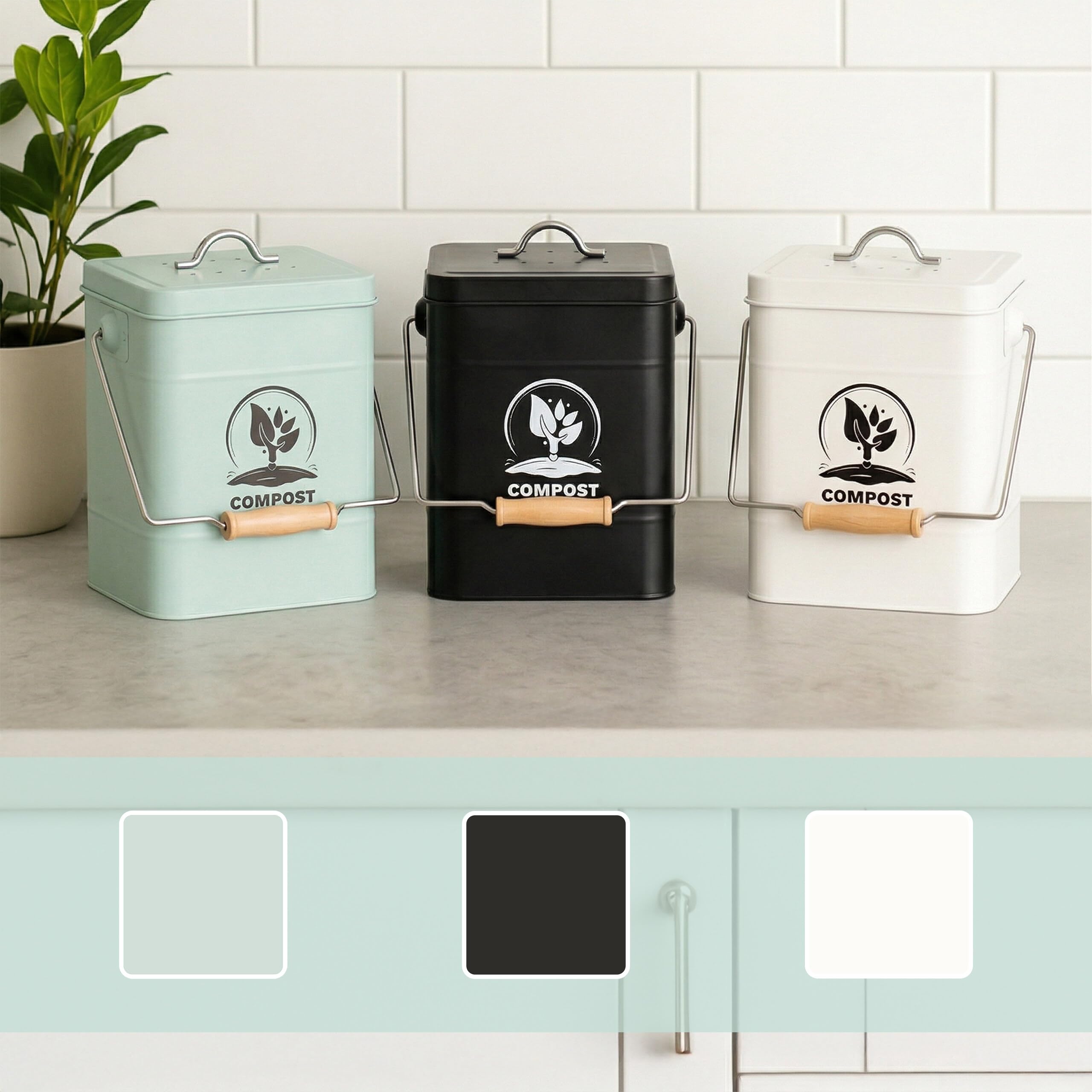 Relaxdays Compostera Cocina 6 L con Tapa y Filtro Olores, Cubo Compostaje Basura Orgánica, Acero Inoxidable, Negro