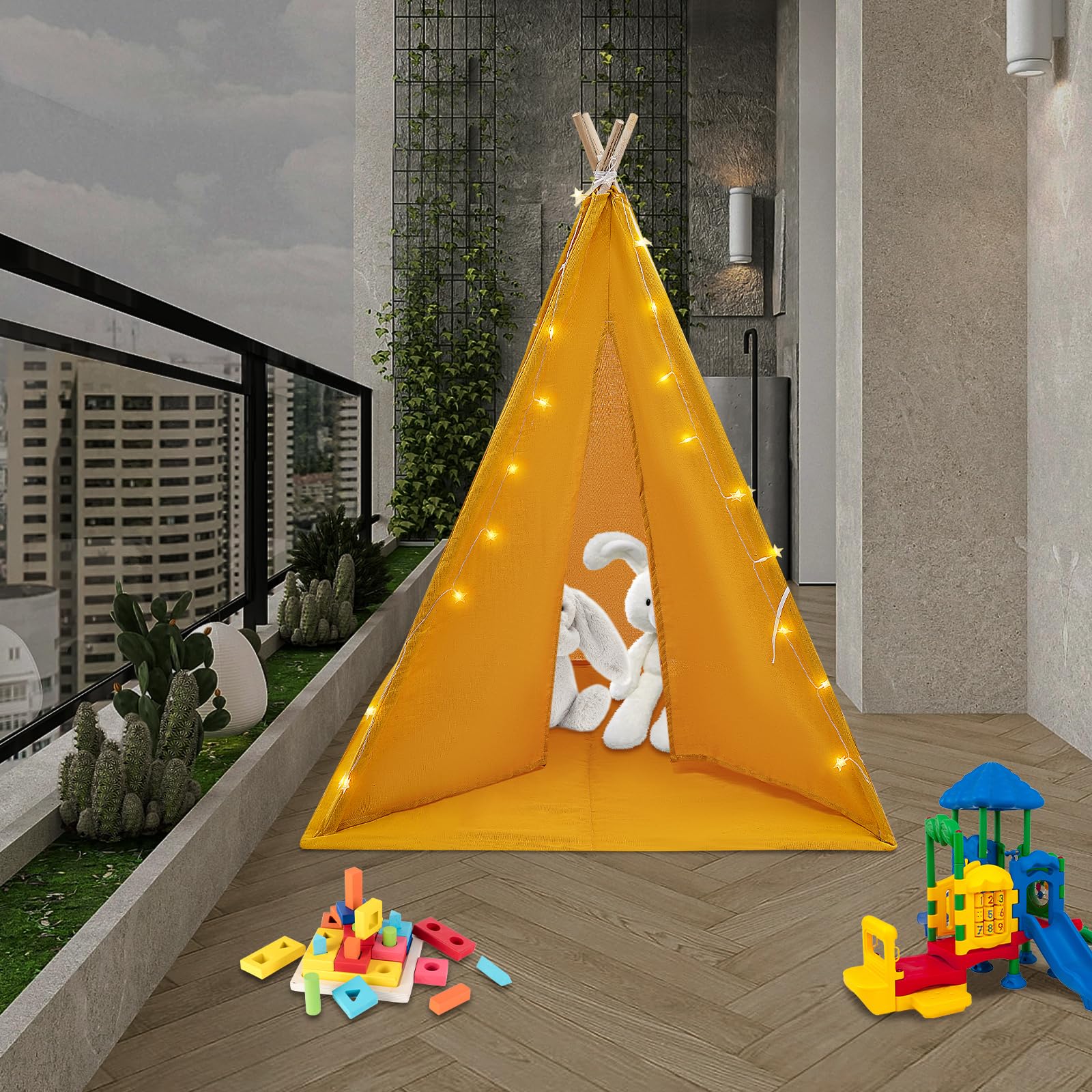 Tenda per bambini, capanna per interni per bambini, tenda Tipi ragazza ragazzo, cotone lino, tappeto imbottito, fissatori, ghirlanda luminosa, angolo lettura e gioco, decorazione per compleanno
