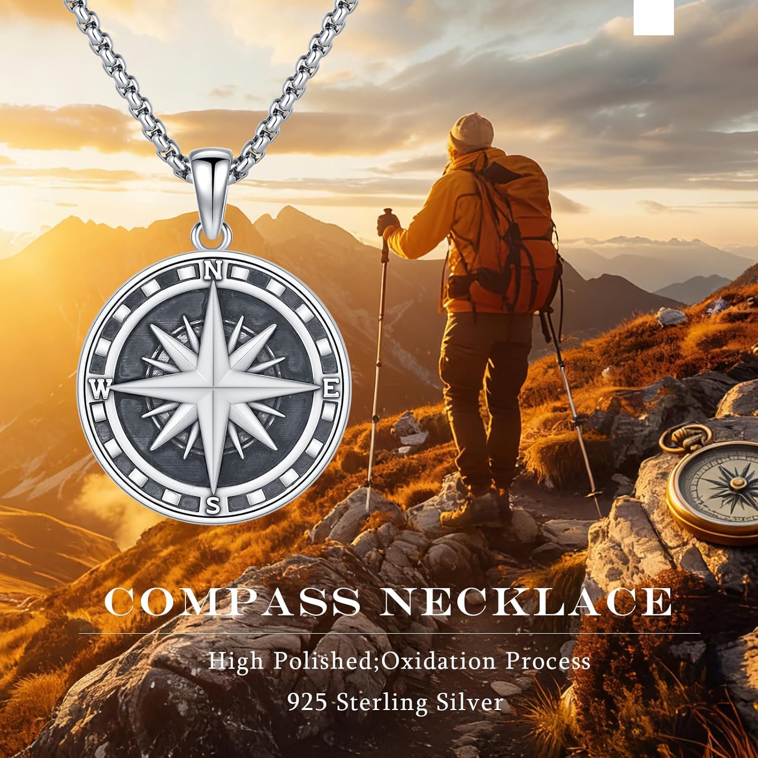 MEDWISE Compass Necklace for Men 925 Sterling Silver Compass Pendant Necklace Graduation Inspirational Gifts Travel Jewelry Gifts for Women Men with Stainless Steel Chain - Image 6