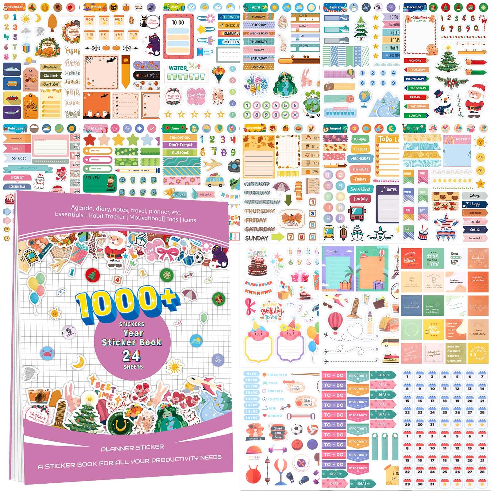 Colorful Aesthetic Planner Stickers, 24 Sheets 1000pcs to-do List Stickers for Adults Planner Journal Stickers