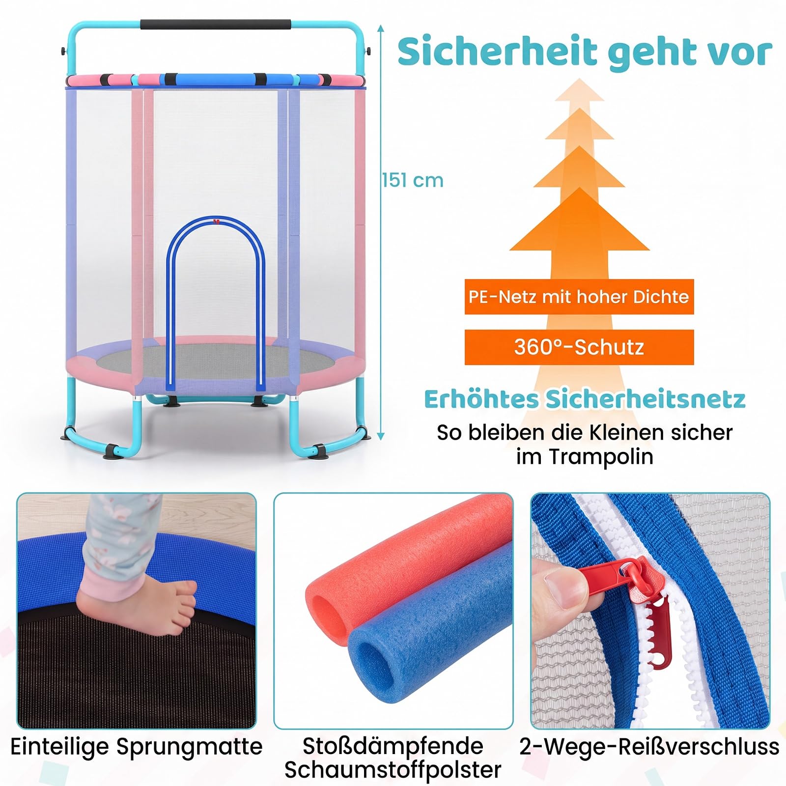 COSTWAY Trampolina dziecięca 6 w 1 z siatką zabezpieczającą | Trampolina dla dzieci z huśtawką, koszem do koszykówki, drążkiem gimnastycznym, tarczą do gry w darta, sztabką