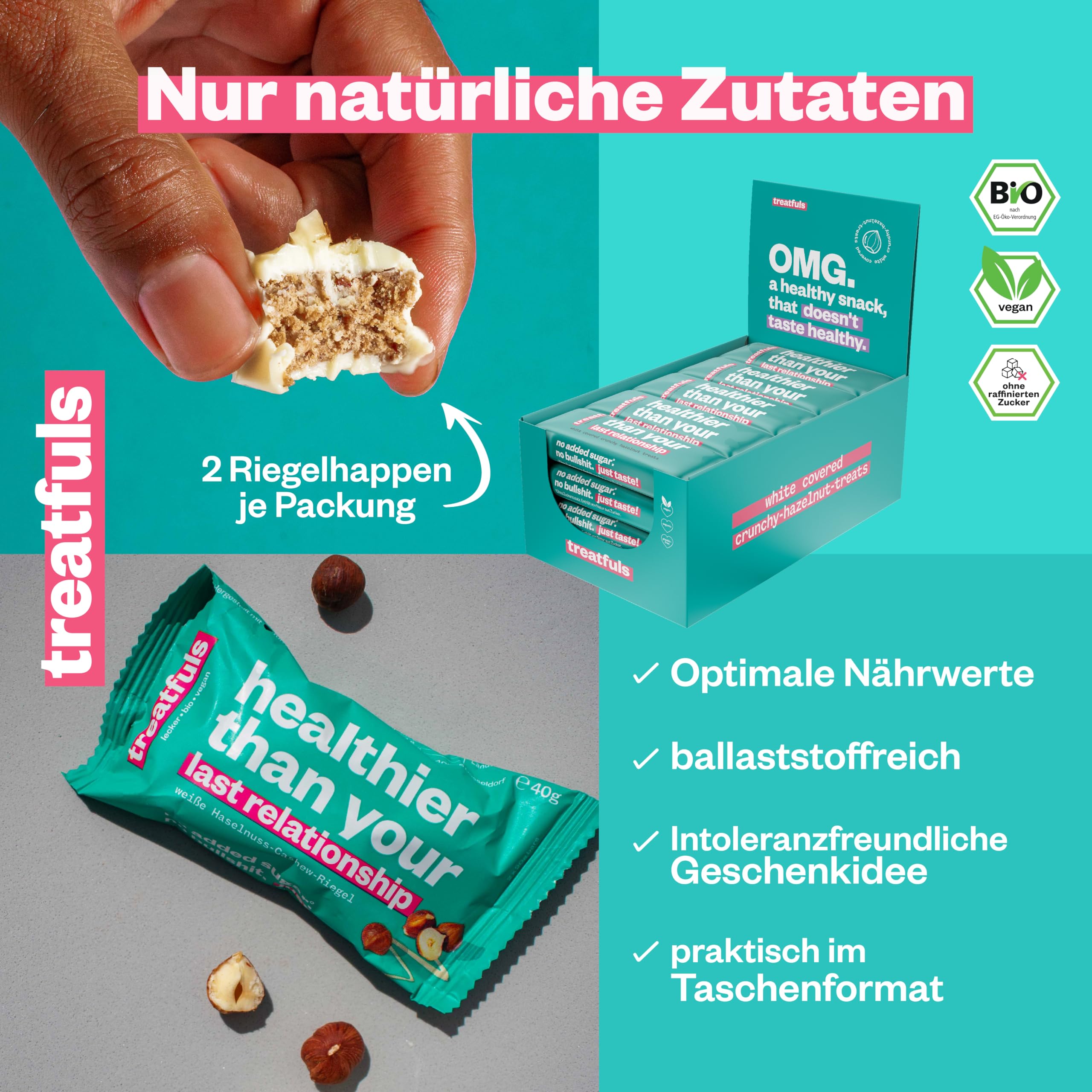 treatfuls weiße Bio-Haselnuss-Cashew Riegel 20x40g | Datteln und Haselnüsse | vegan | 100% natürliche Zutaten | glutenfrei | laktosefrei | ohne Soja