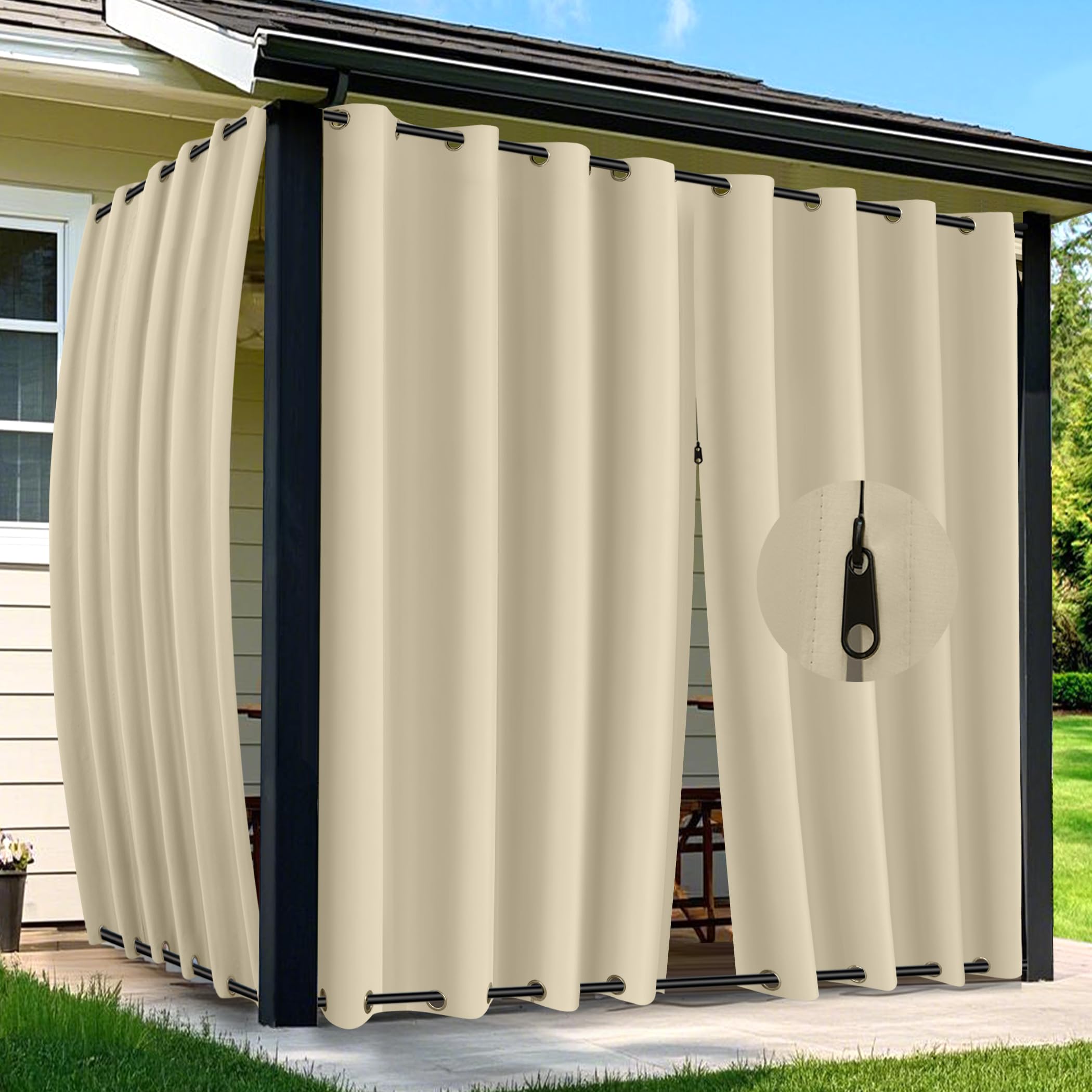 Arfntevss Outdoor Curtains for Patio Waterproof 2 Panels Blackout Curtains 84 inch Long with Zipper Top & Bottom Grommet Sun Blocking Outdoor Privacy Drape for Gazebo Porch Pergola (54x84, Beige)