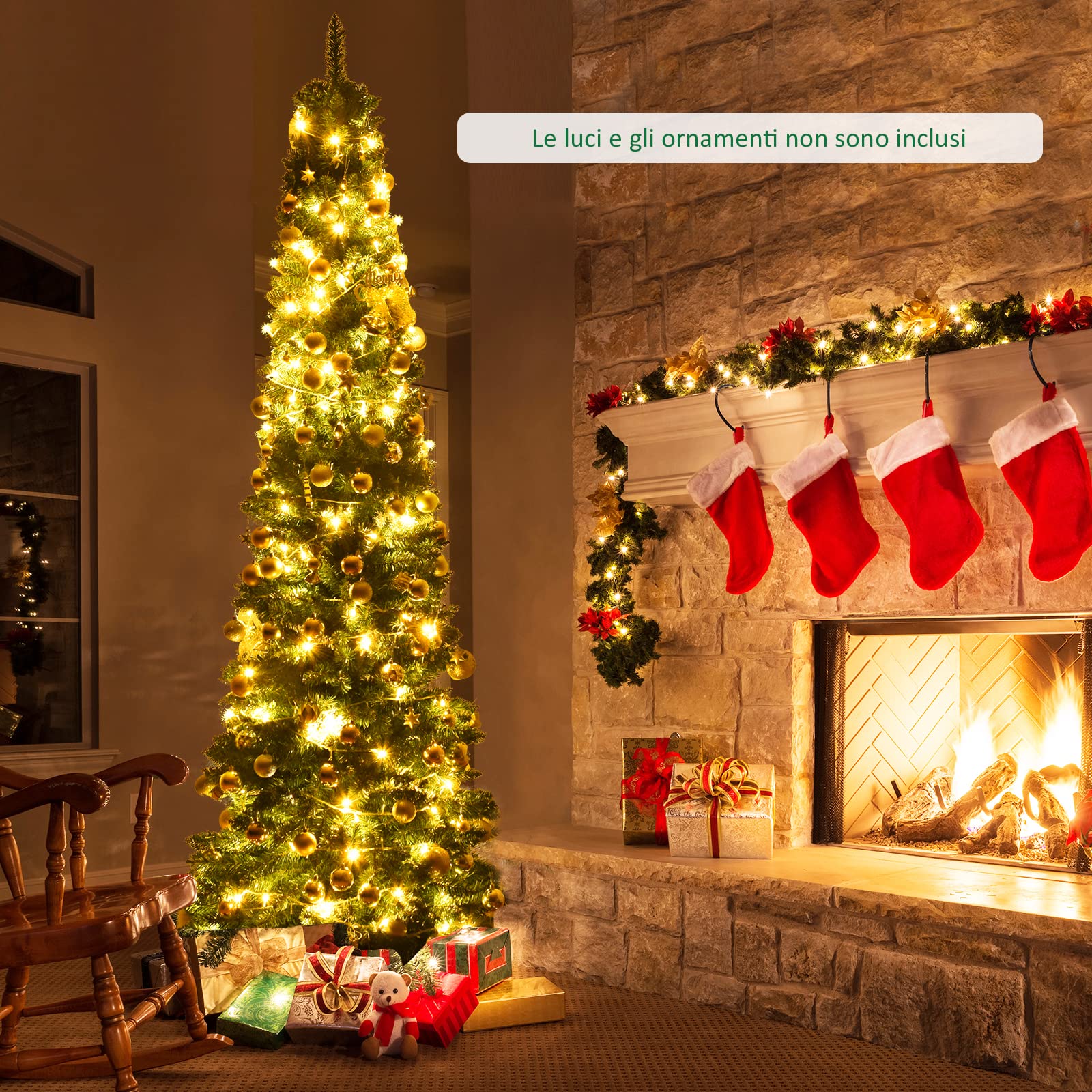 COSTWAY Albero di Natale Slim 150/180/210/240/270 cm, Albero di Natale Artificiale con 220/400/700/1000/1500 Rami e Base in Metallo, Decorazioni Natalizie per Casa e Negozio (240 CM)