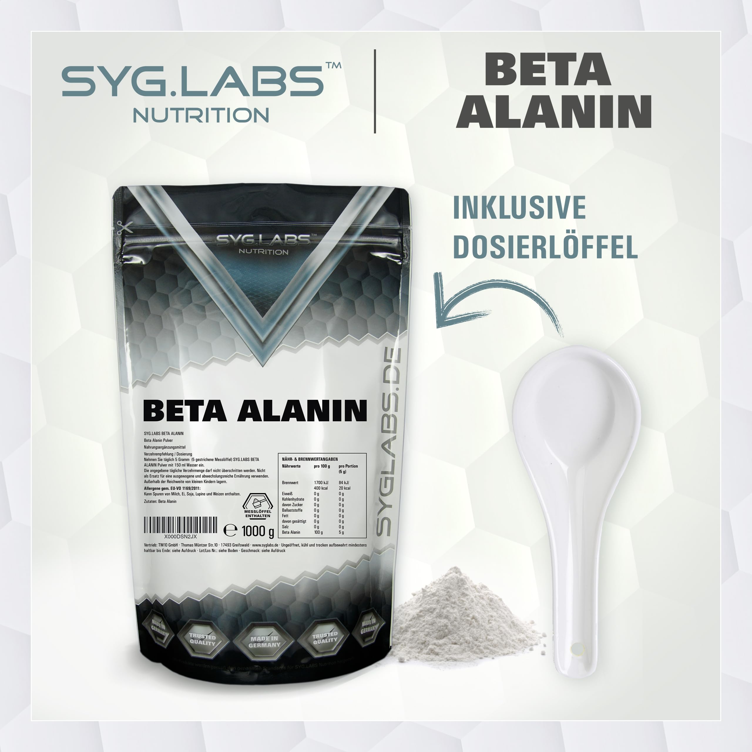 Beta Alanin - 1000g reines Beta Alanine Pulver - vegan und ohne Zusätze - mit Messlöffel