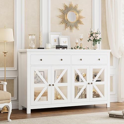 FOTOSOK Armario de buffet negro con almacenamiento, armario grande de 55.1 pulgadas con 2 cajones y 4 puertas de vidrio, armario de barra de cofre FOTOSOK Armario de buffet negro con almacenamiento, armario grande de 55.1 pulgadas con 2 cajones y 4 puertas de vidrio, armario de barra de cofre