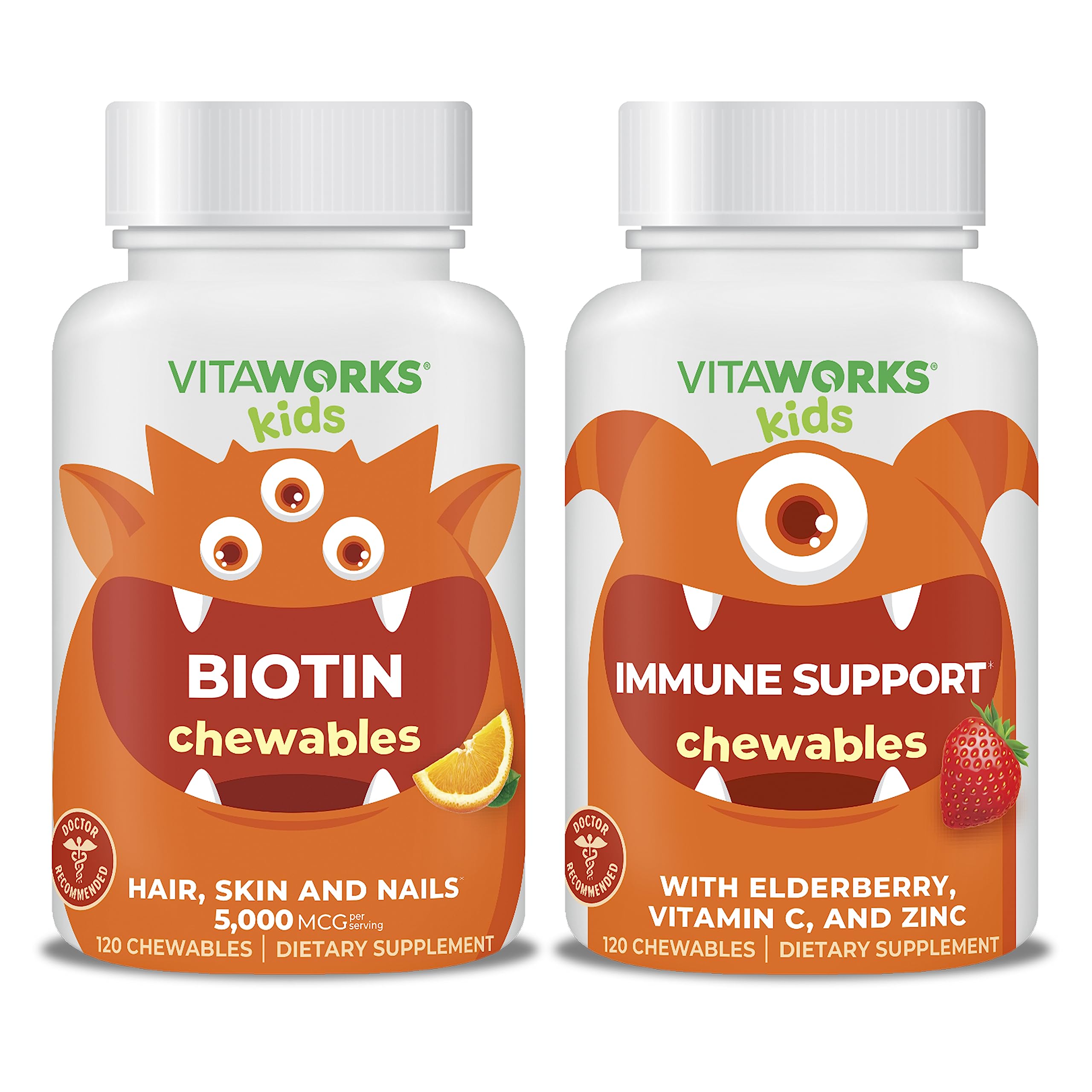 VitaWorksKids Biotin 5000mcg Chewables + Elderberry + Zinc + C Chewables Bundle