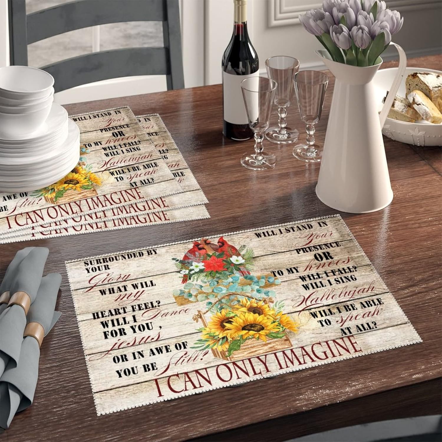 I Can Only Imagine Placemats Set of 6 Cardinal Birds Flower Cross Christian Faith Tablemats Heat Resistant Washable Table Mats Dining Placemats Centerpiece for Dining Table