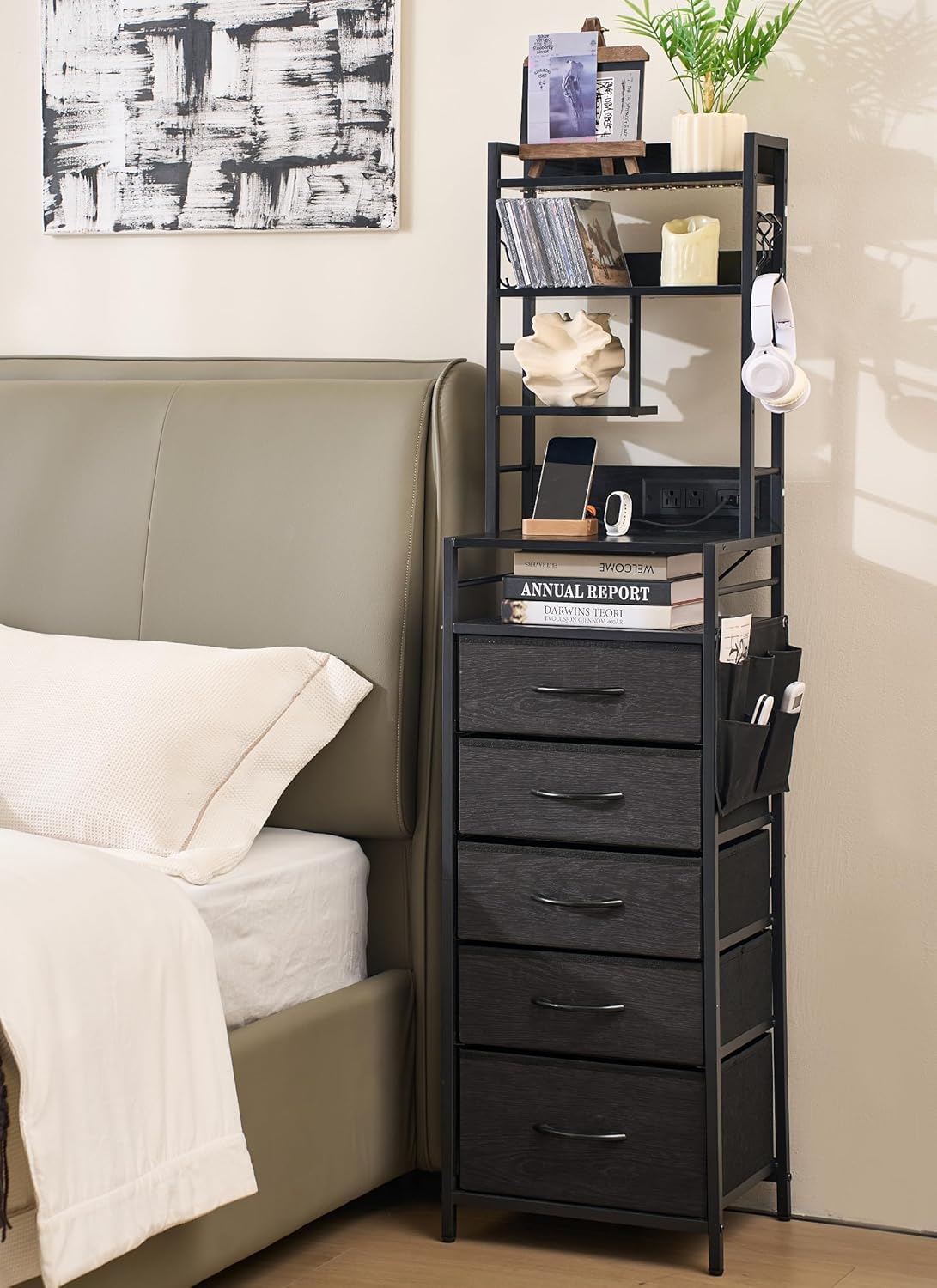 Baoz Tall Nightstand with Charing Station, 56'' Tall Bedside Table with Bookshelf and Full-Color RGB LED Light, Night Stand with 5-Tier Storage Shelves and Fabric Drawers for Bedroom, Black