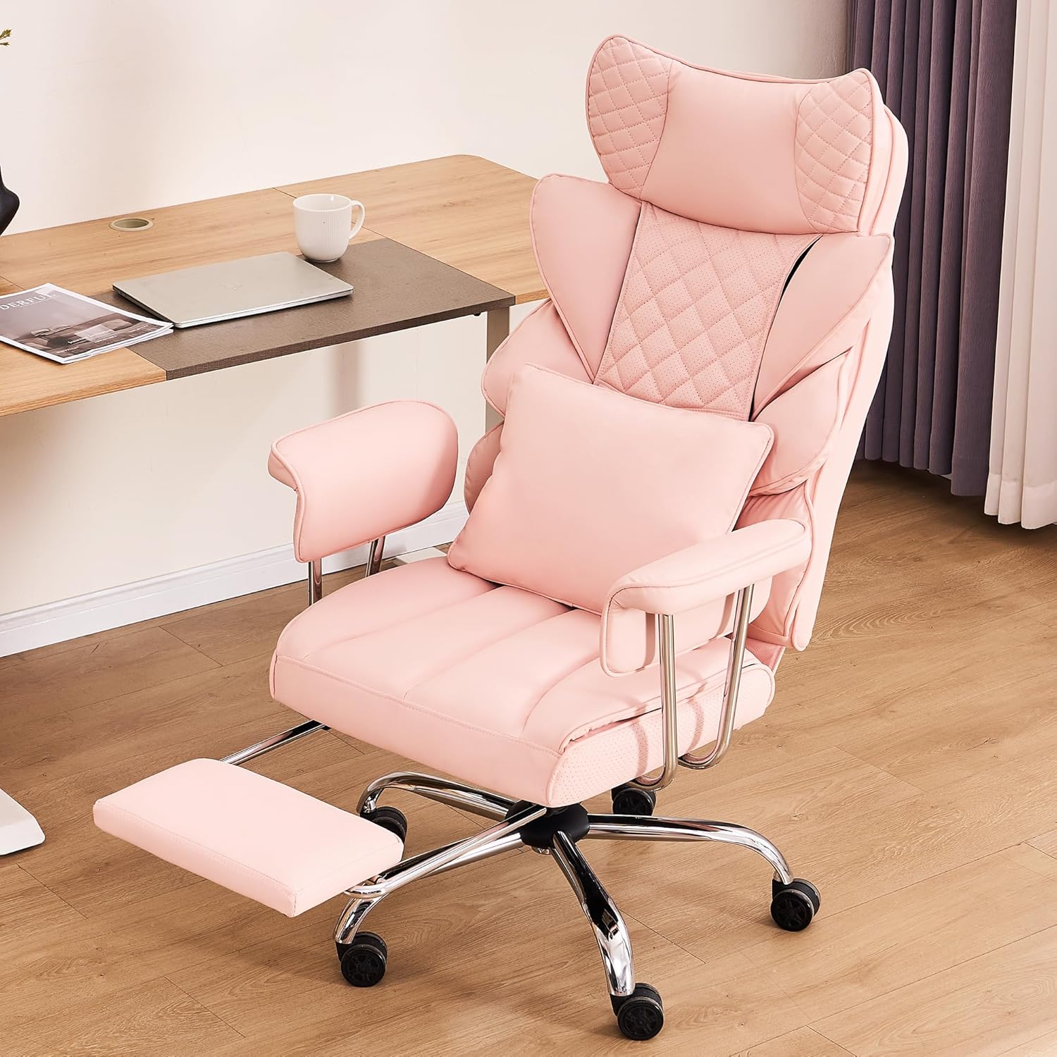 DYHOME 500 Lbs Kneading Massage Office Chair with Foot Rest, Ergonomic Reclining Home Computer Chair, High Back Thick Cushion Big & Tall Office Chair, Comfy Leather Heavy Duty Executive Chair, Pink
