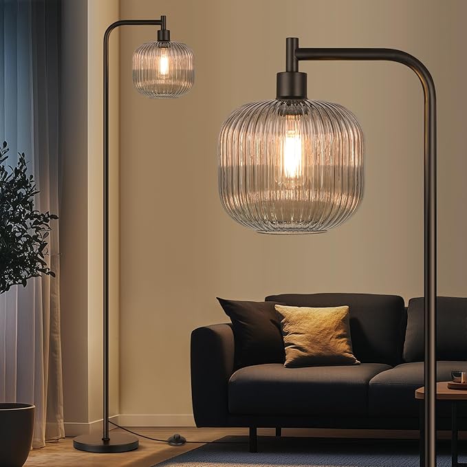 QiMH Glass Floor Lamp for Living Room, Modern Standing Lamp with Ribbed ...
