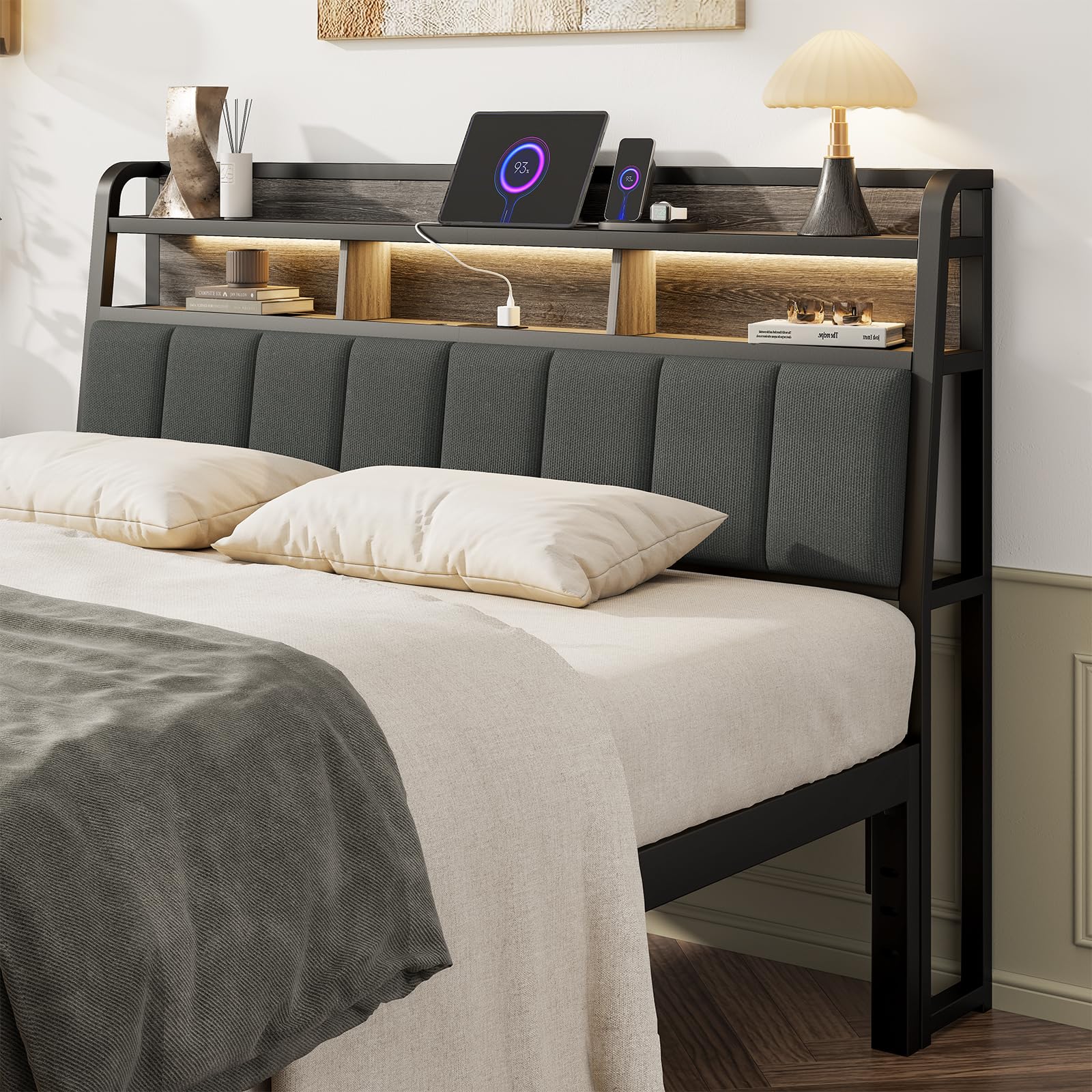 Lefurture Queen Headboard with Storage, LED Light, Charging Station