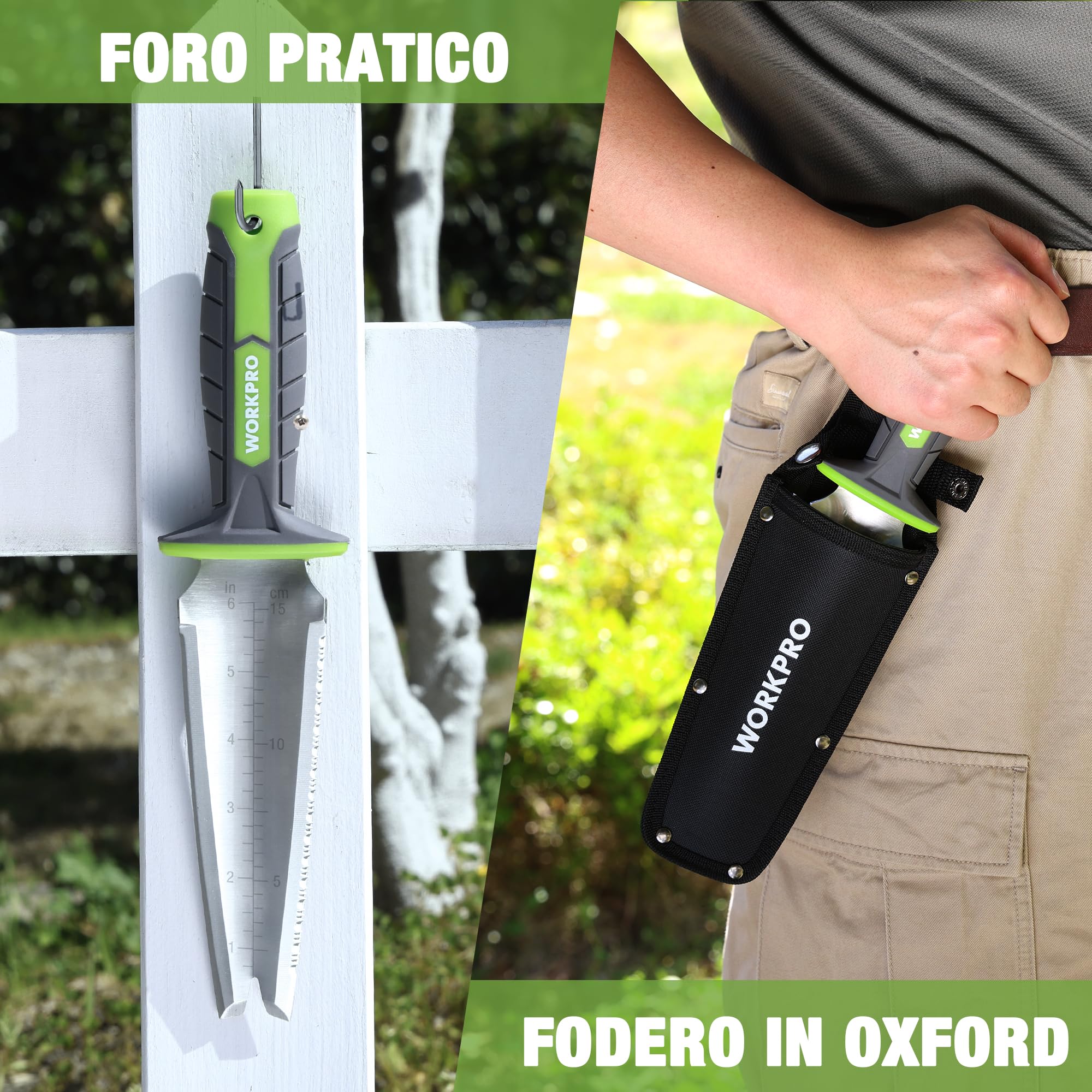 WORKPRO Paletta da Giardino con Custodia in Oxford, Lama in Acciaio Inossidabile Seghettata, Coltello da Giardino per Estirpazione, Piantagione e Scavatura