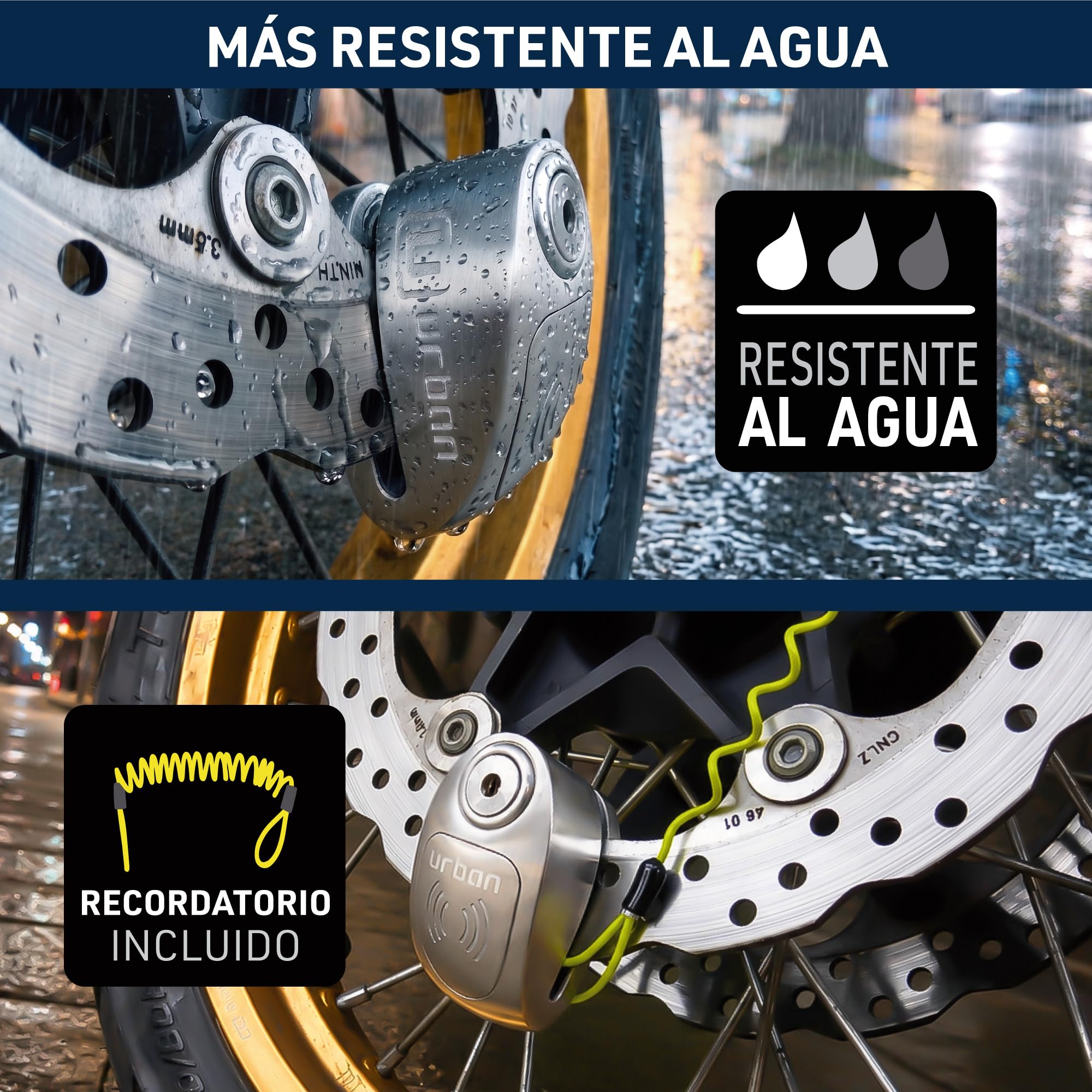 URBAN UR910S Candado Moto Disco Sin o con Alarma X2-ON 120dB, Alta Seguridad Homologado Sra, Doble Cierre 10mm Anti-Sierra, Acero Inoxidable, Pila CR2 Larga Duración, Bloqueo Pinza Antirrobo Scooter