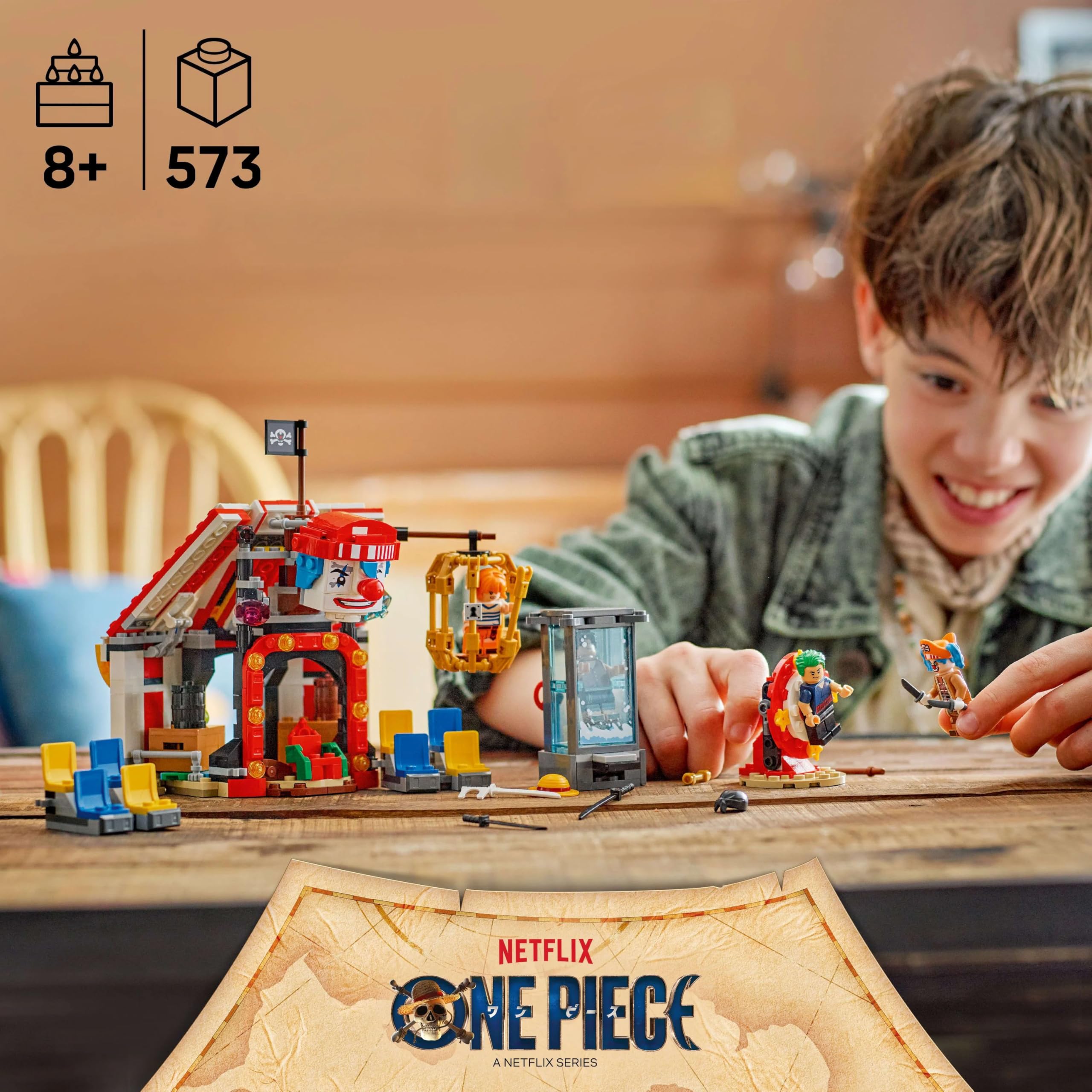 LEGO ONE PIECE La Tenda del Circo di Bagy il Clown - Giocattolo Interattivo con 4 Minifigure tra cui Luffy, Nami e Zoro, e 2 Poster Ricercato - Regalo per Bambini, Bambine e Fan da 8 Anni - 75637