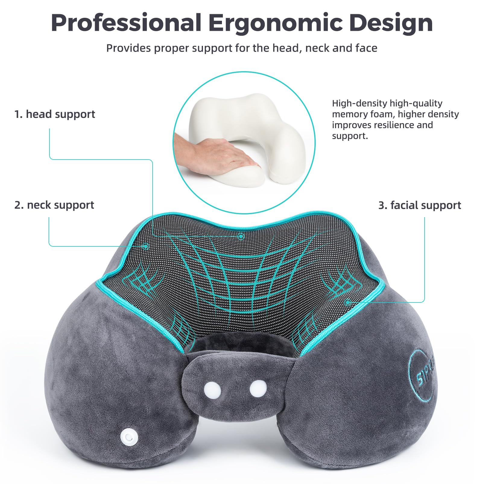 Siproch Cuscino Cervicale da Viaggio, in Memory Foam, per Collo per Aereo, Auto, Ufficio, con Maschera per gli Occhi