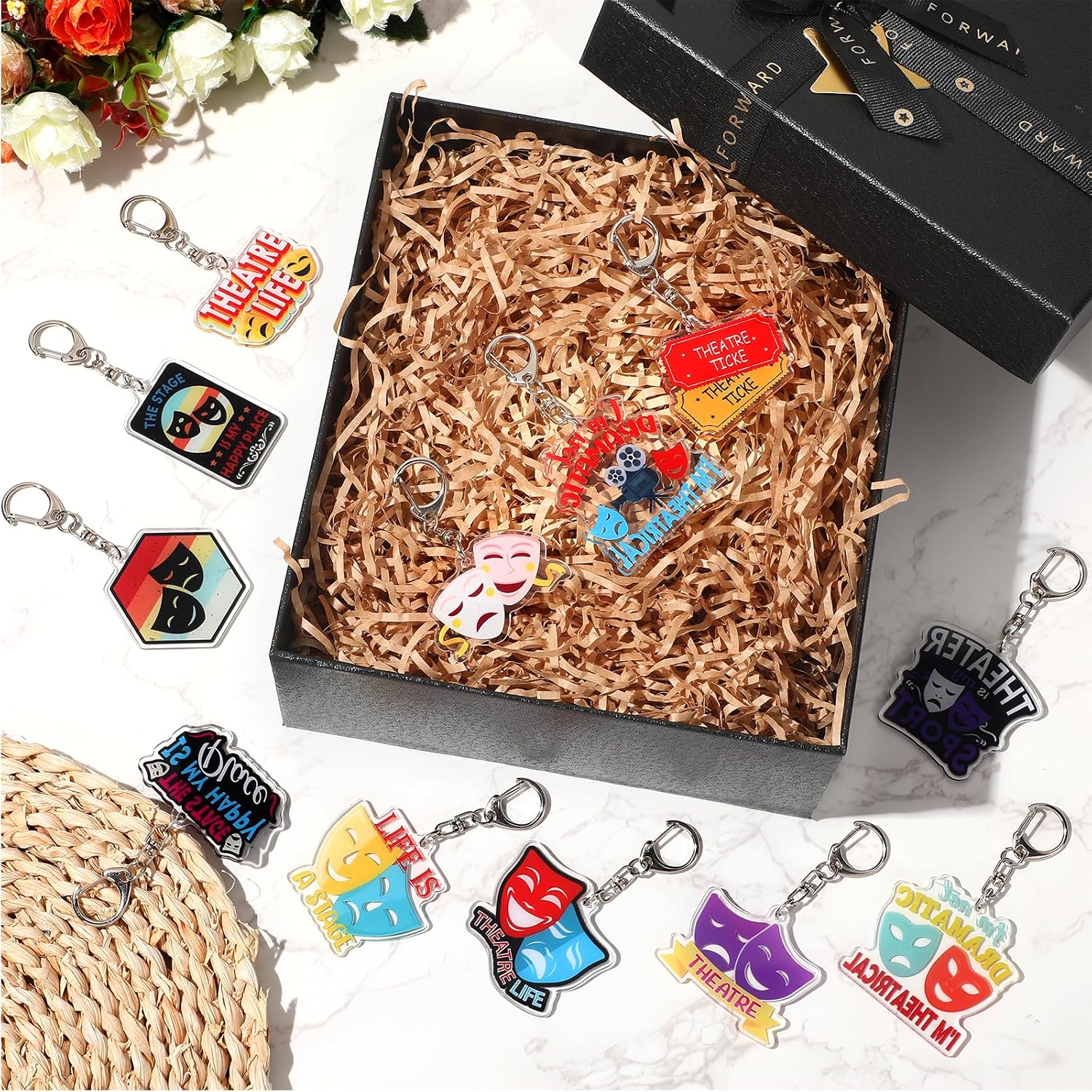 24pcs Theatre Keychain Gifts Set for Theater Lovers Women Men Drama Mask Theater Kids Gifts Keyring with Thank You Card and Bag Comedy Tragedy Mask Gift for Theatre Party Favors Broadway Musical Lover image 2
