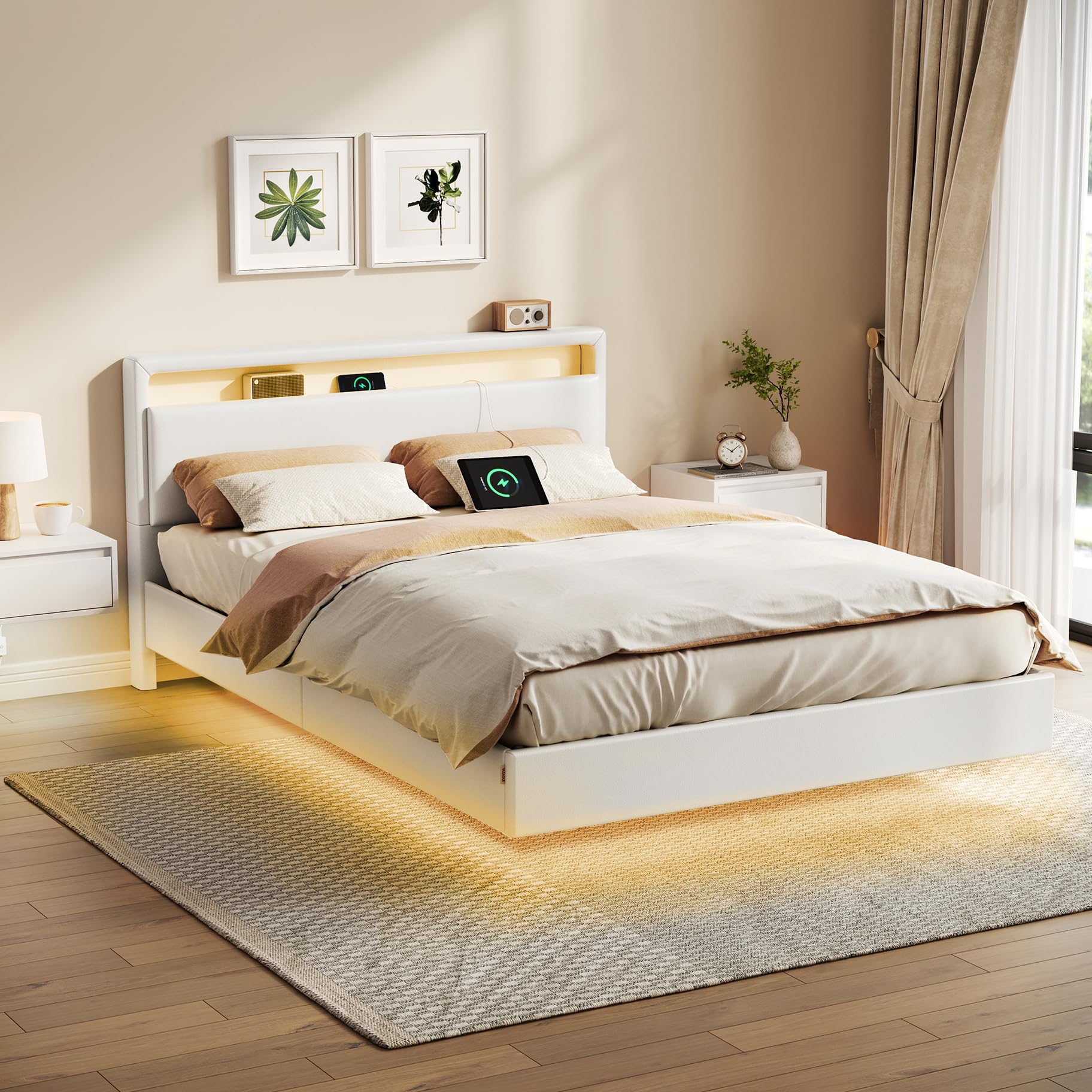 VASAGLE Bettgestell, Doppelbettgestell, 140 x 200 cm, schwebender visueller Effekt, Bett mit LED-Beleuchtung, hohem Kopfteil, Ladestation, modern, wolkenweiß RMB864W01