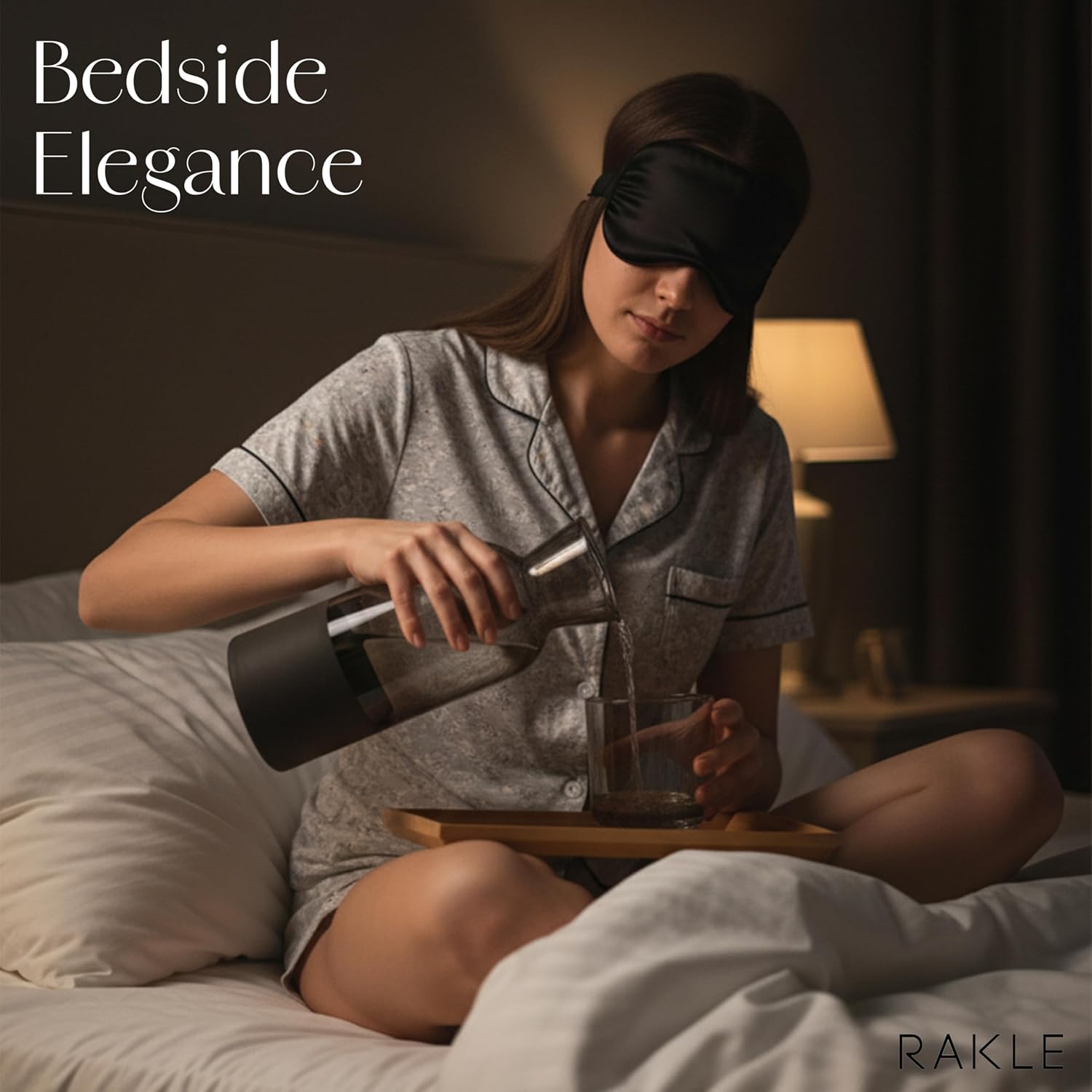 RAKLE Bedside Water Carafe & Glass Cup Set, 700cc 24oz Nightstand Decanter for Bedroom Kitchen Office, Glass Carafe Set for Home, Matte Black