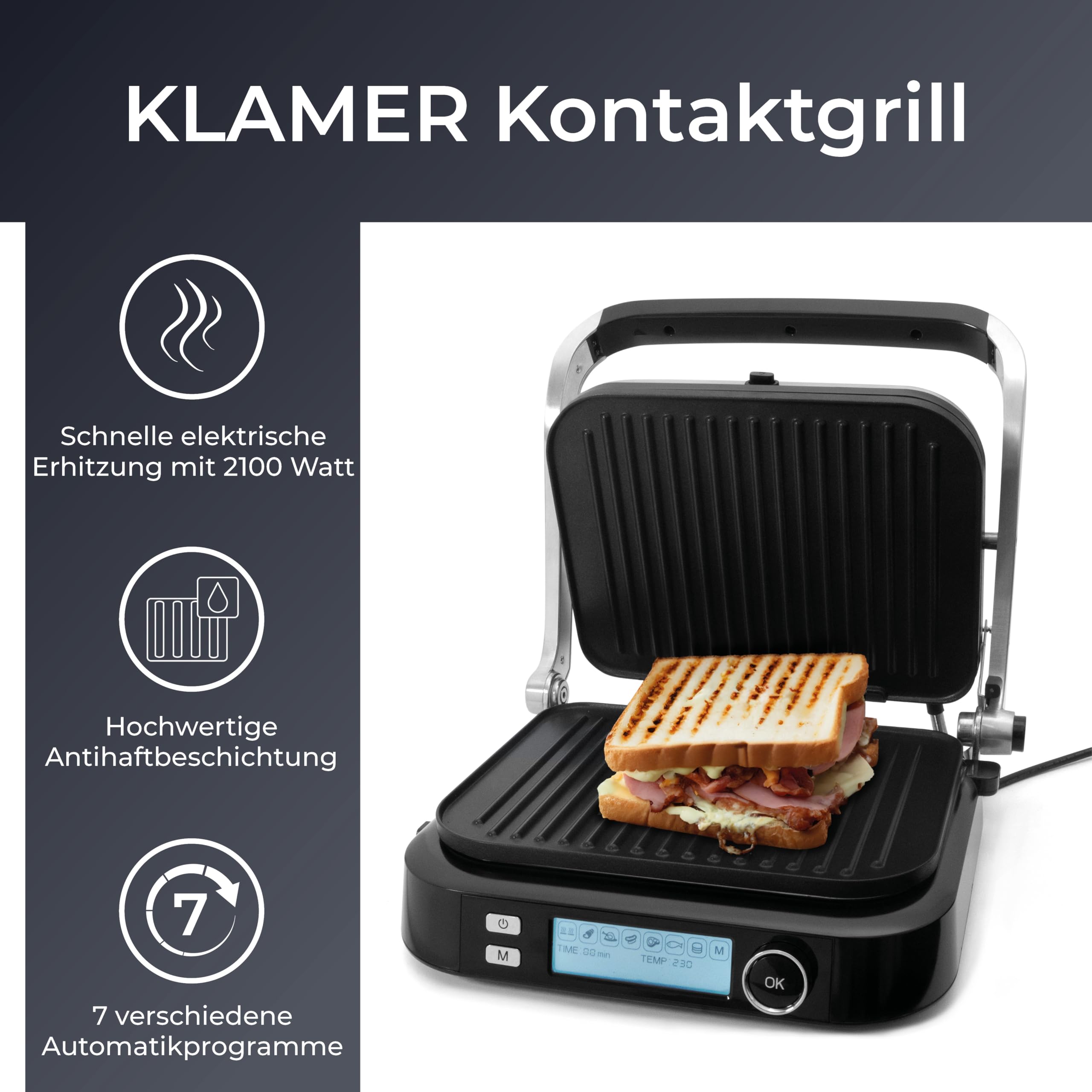 KLAMER Kontaktgrill 2100 W – elektrischer Tischgrill mit 7 Automatikprogrammen, abnehmbaren Platten, Antihaftbeschichtung, einstellbarer Temperatur 70–230 °C, Cool-Touch-Griff, Edelstahl & Schwarz