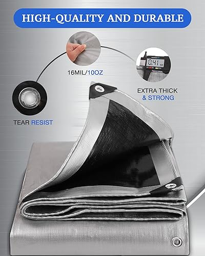 Miniatura 3 de FoundGo Lonas resistentes de 16 mil cubierta de lona súper gruesa impermeable lona de polietileno con ojales resistente a los rayos UV para toldos