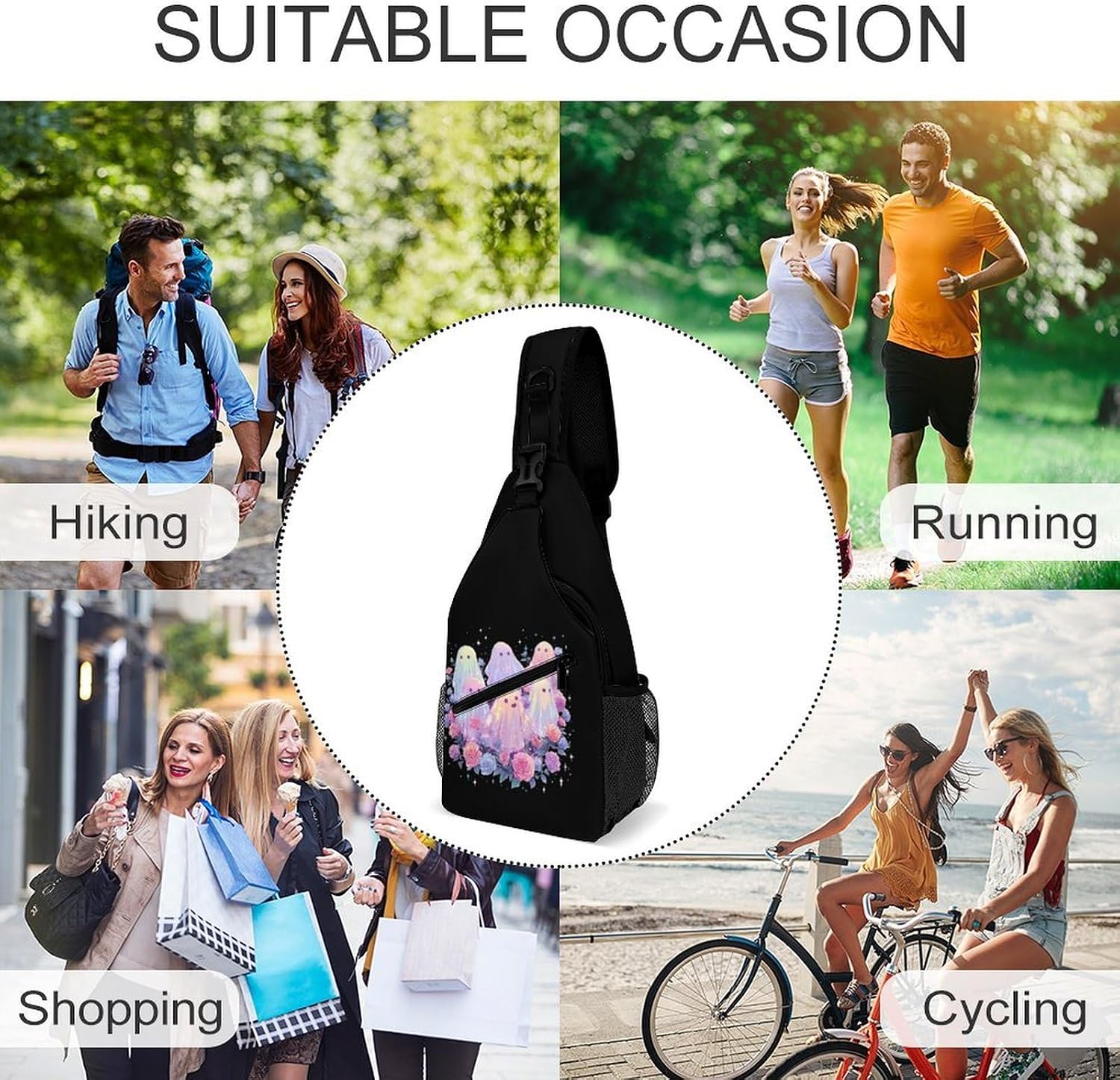 Cute Ghost Men Crossbody Sling Backpack Chest Bag | Travel Fanny Pack,Hiking Daypack,Print Shoulder Bags