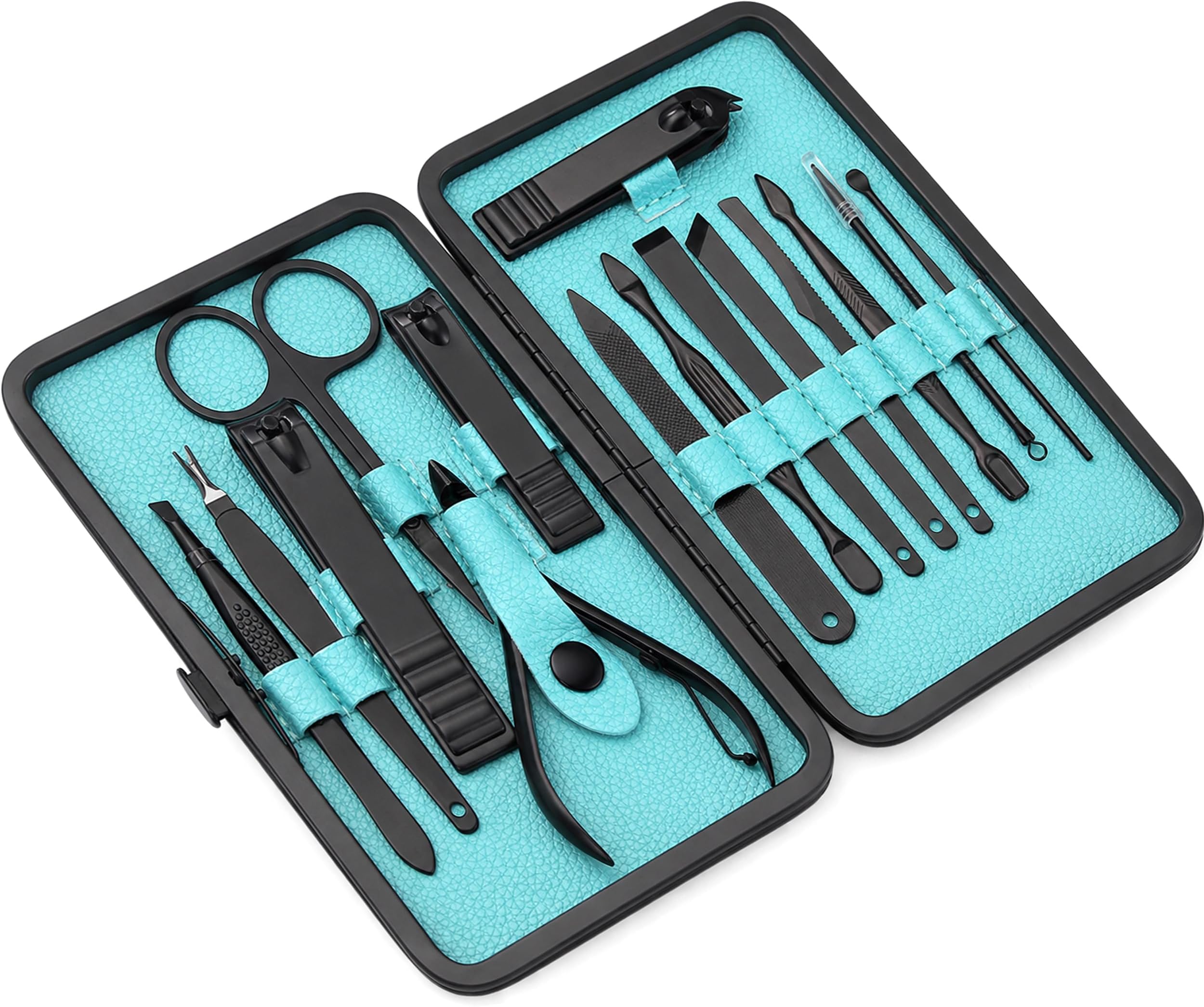 15 Pieces Manicure Set - Stainless Steel Manicure Nail Clippers Pedicure Kit - Professional Grooming Kits, Nail Care Tools with Luxurious Travel Case (Black)