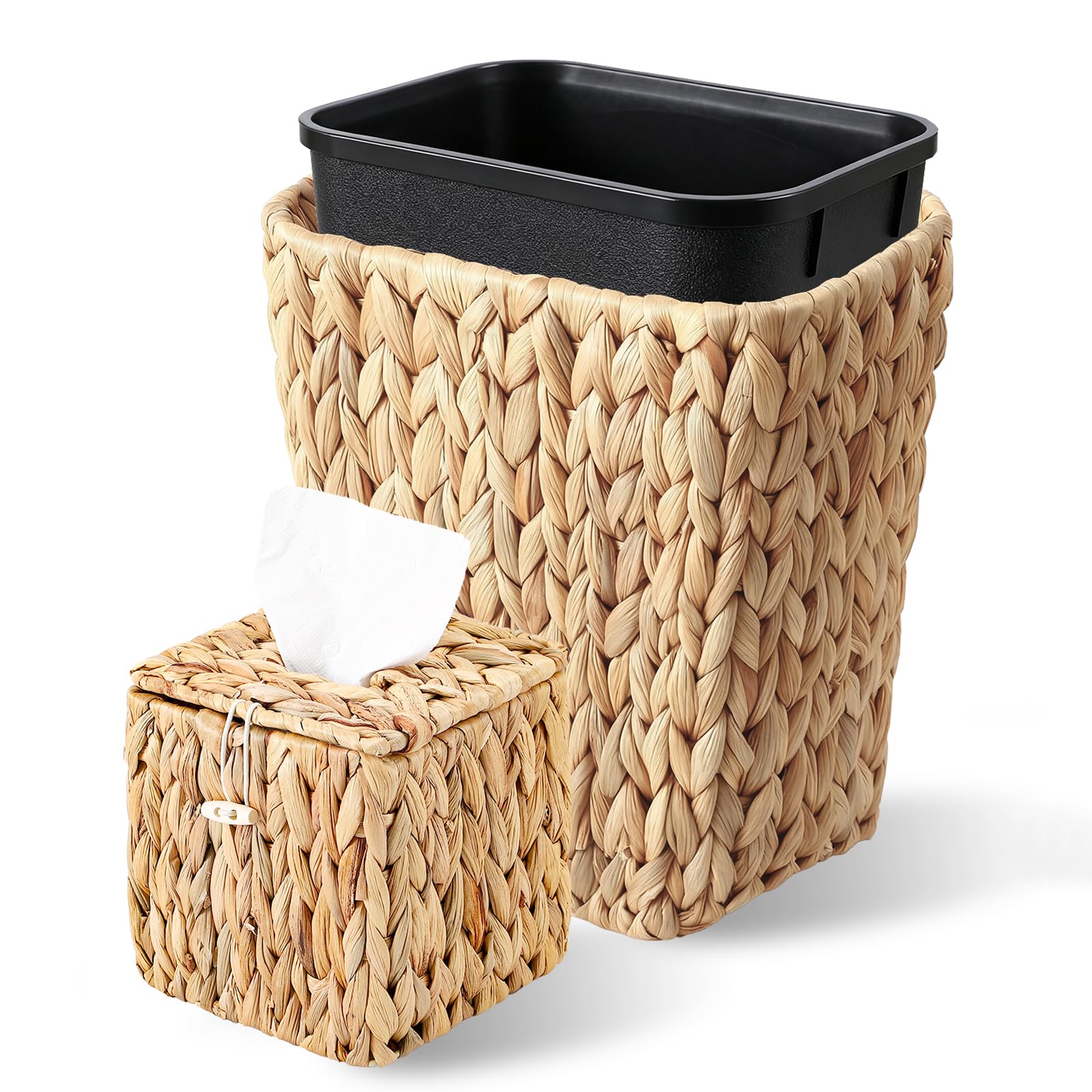 Photo 1 of **MISSING PARTS**
BSSN Wicker Waste Basket and Square Tissue Box Cover Set - Handwoven Water Hyacinth Trash Can with Removable Inner Bucket, Waterproof Boho Decor for Bathroom, Office (2.1 Gal, 5.9" Cube)