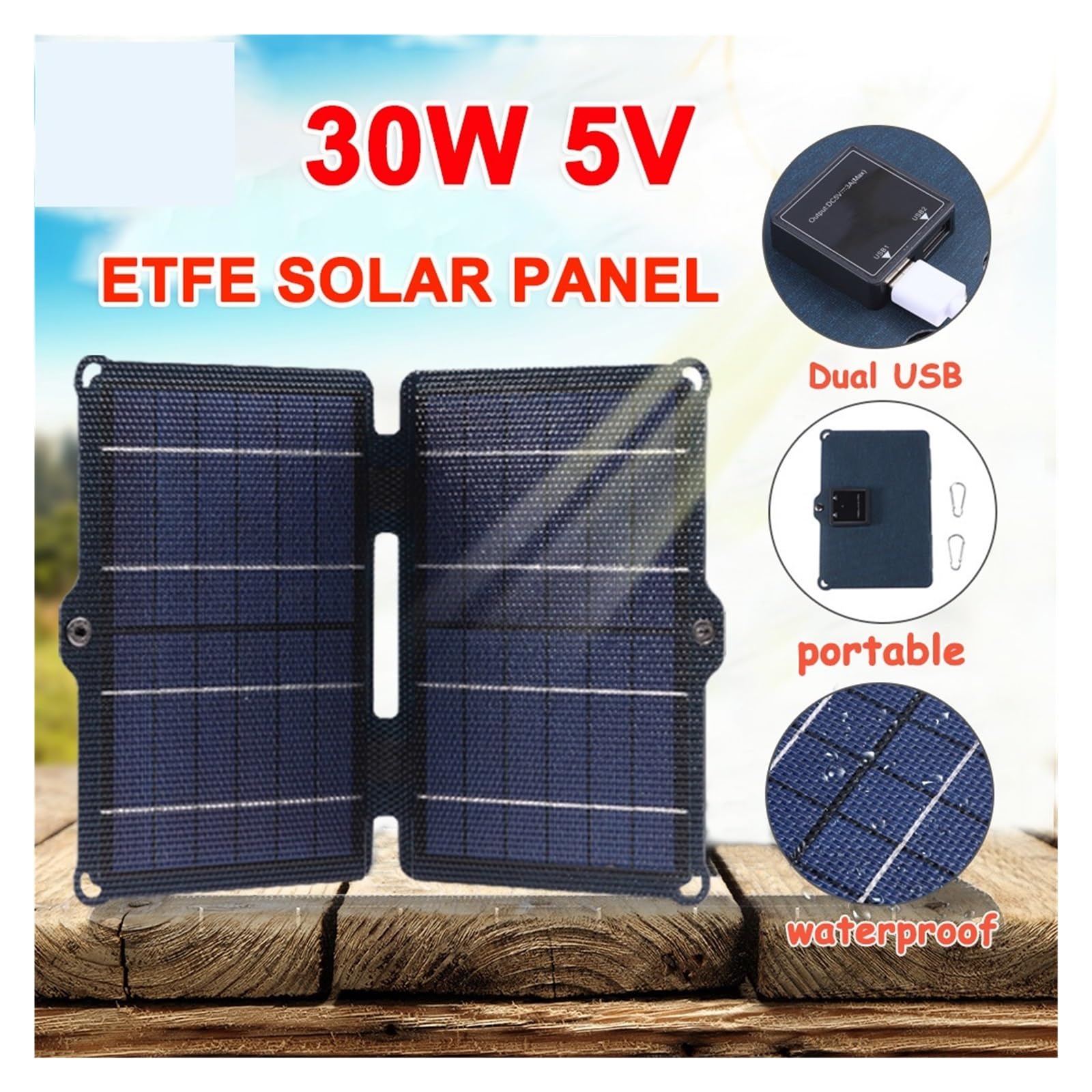 Panel słoneczny Panel słoneczny 30W Potężne banki mocy Składany na telefon komórkowy Zewnętrzny Wodoodporny Podwójny ładowanie baterii słonecznej USB na kemping Wysokowydajny panel słoneczny(Color:30W