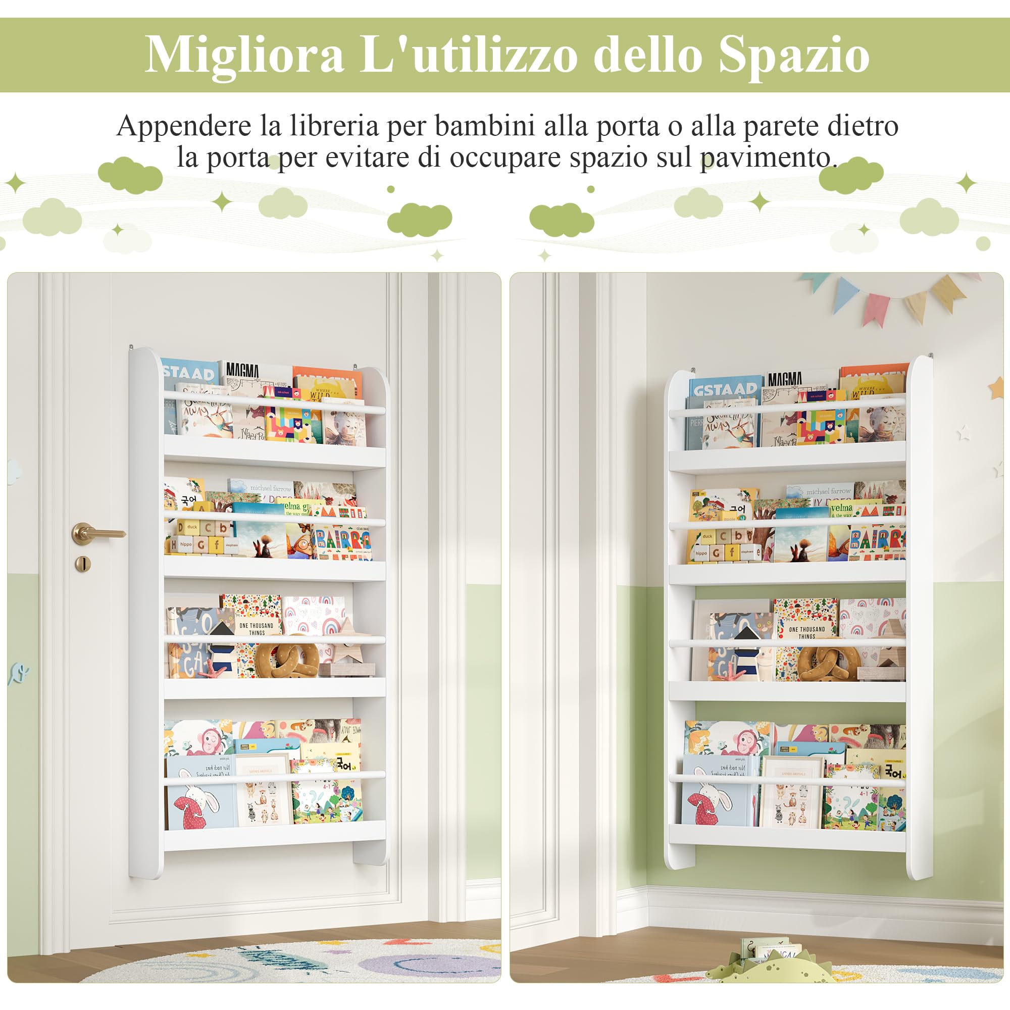 FOREHILL Libreria da Parete per Bambini,Libreria Montessoriana per Bambini,con 4 Scomparti Pensili,Scaffale Porta Libri a Muro per Cameretta e Stanza dei Giochi, Bianco 57×12×111,5cm