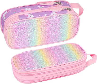 Bagseri Pencil Case for Girls - Expandable Cute Pencil Pouch for Kids Special Pencil Box Large Capacity Pencil Bag Organizer for School Glitter Purple Unicorn
