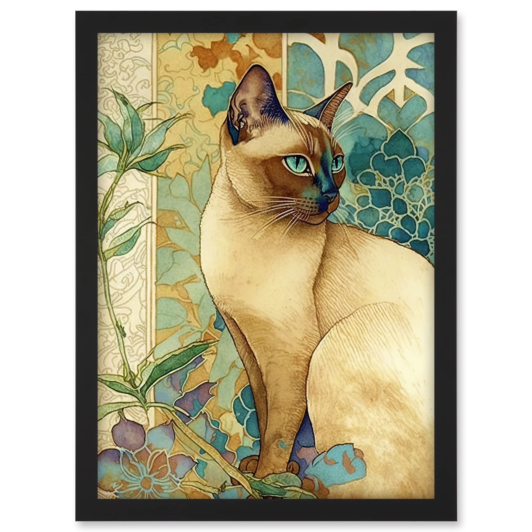 Artery8 Tonkinese Cat with Art Nouveau Botanical Patterns Colourful Watercolour Illustration Artwork Framed A3 Wall Art Print
