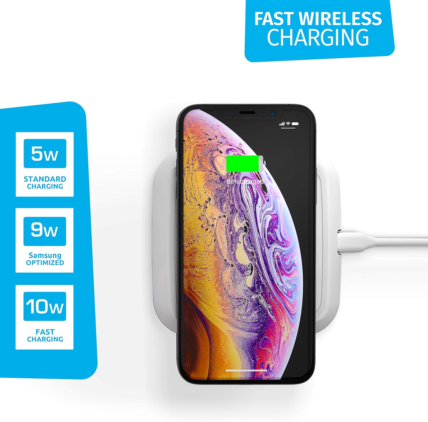 Smartphone charging on ZENS Wireless Pad, showing 5W standard, 9W Samsung optimized, and 10W fast charging options