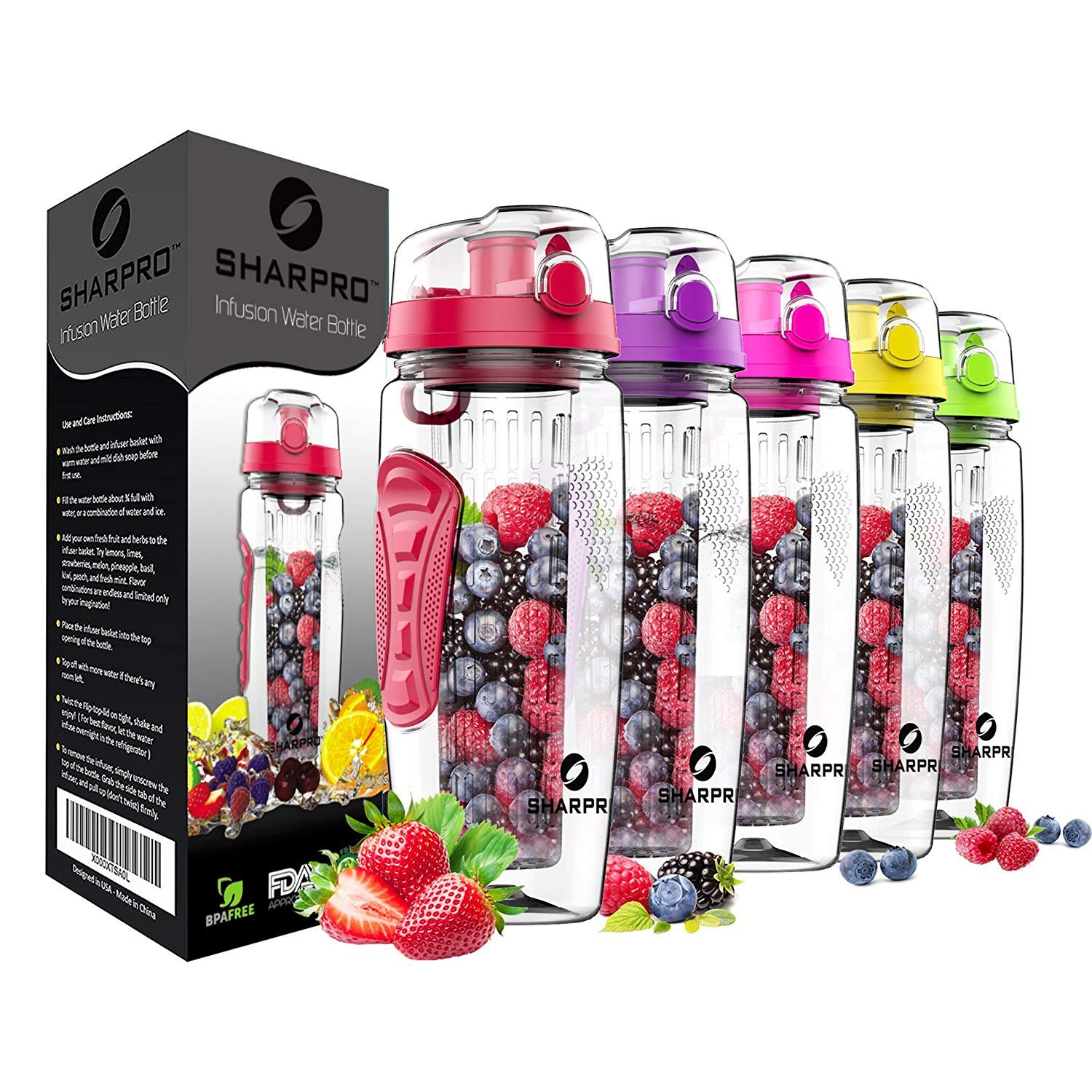 32 oz. Infuser Water Bottles - Featuring a Full Length Infusion Rod, Flip Top Lid, Dual Hand Grips