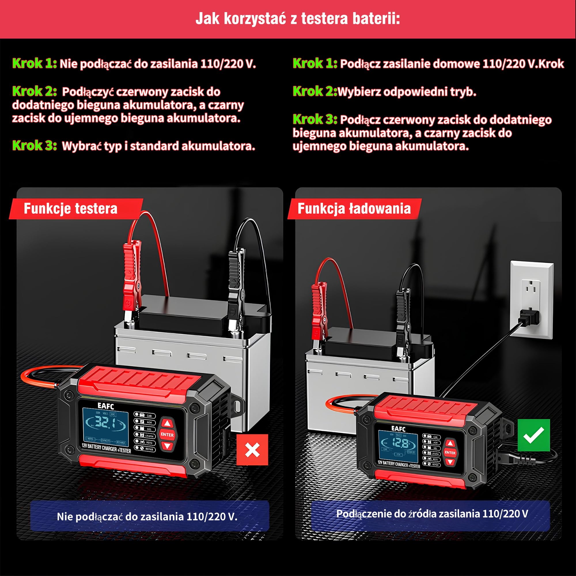 12 V ładowarka do akumulatora samochodowego, 6 A, tester baterii 100 – 2000 CCA 4 – 120 Ah, ładowarka do akumulatorów, analizator, kompatybilna z ołowiem 12 V, AGM, żelem, do samochodu, SUV, motocykla