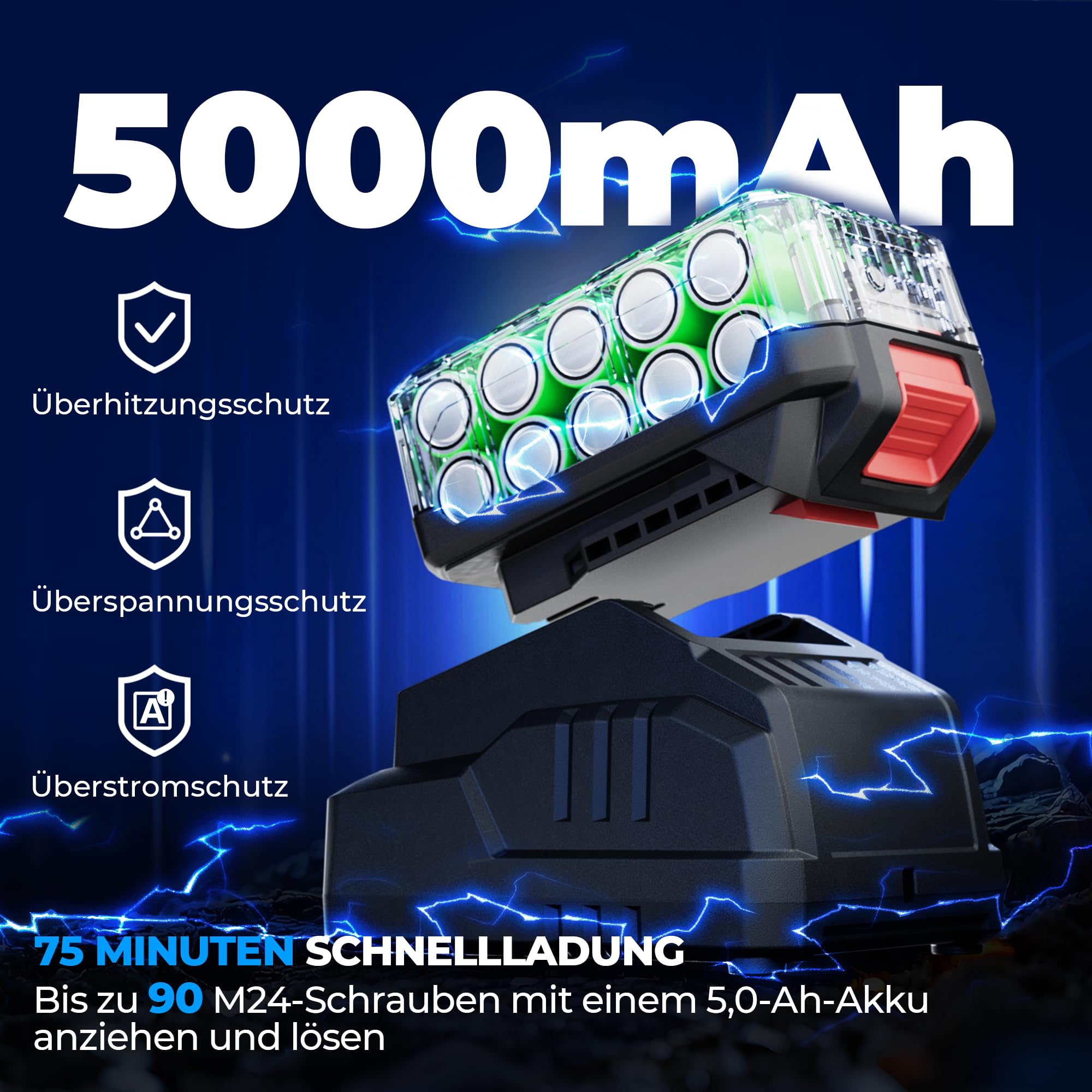 Dong Cheng 20V Akku-Schlagschrauber Bürstenlos, 1700 Nm Drehmoment, inkl Li-Ion 5,0Ah Akku & Ladegerät Drehschlagschlüssel 3-Gang-Modus & Auto-Stop, 1/2" Aufnahme – für LKW,Land-und Baumaschinen