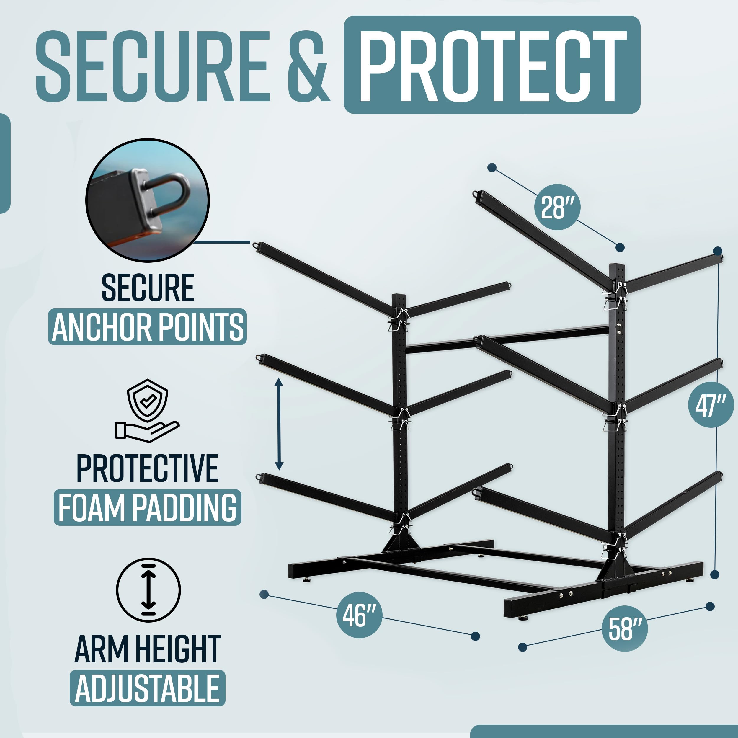 Teal Triangle Freestanding Kayak Storage Rack - Storage Rack for 6 Kayaks or Canoes - Premium Kayak Holder for Indoor & Outdoor Canoe storage - Adjustable Heavy Duty Kayak Storage Stand