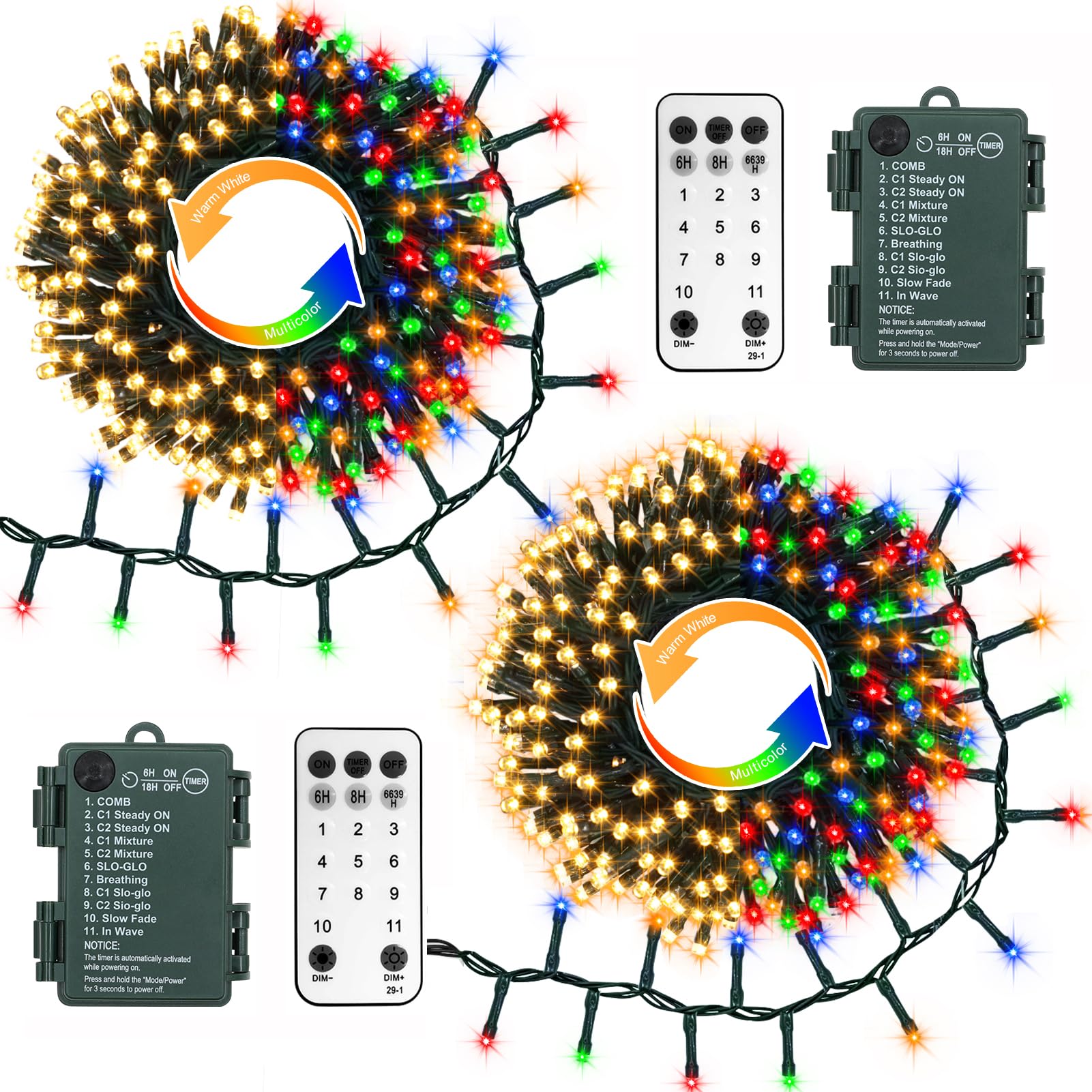 Dual Color Changing String Lights Battery, 2 Pack Total 20Ft 400 LED Cluster String Lights with Timer 11 Modes Firecracker Christmas Lights for Tree Garden Decor (Warm White & Multicolor)