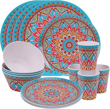 WedDecor 16Pcs Moroccan Design Melamine Dinnerware Sets for 4 People
