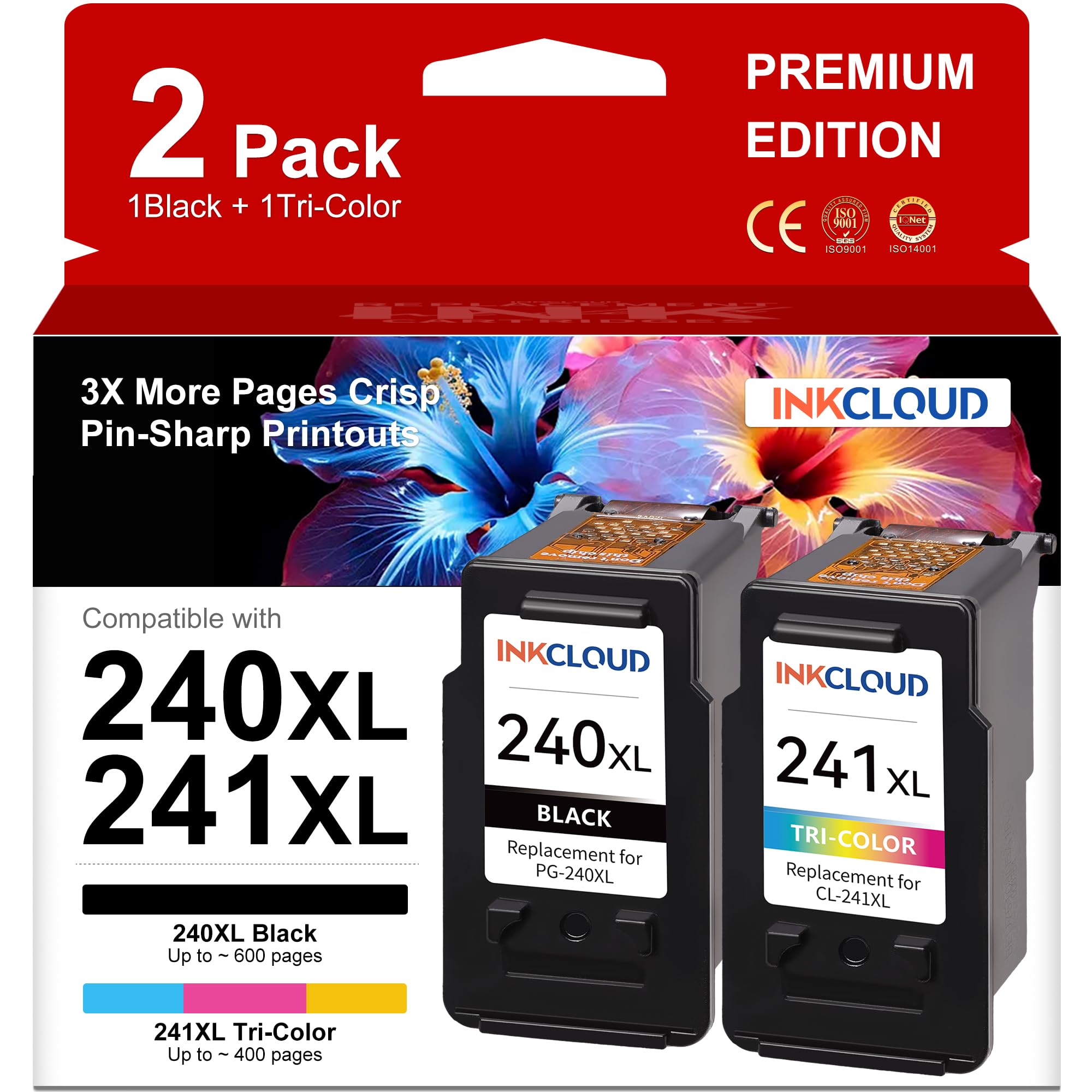Photo 1 of 240XL 241XL Ink Cartridge Replacement for Canon 240XL 241XL PG-240 XL/CL-241 XL Combo Pack Work with Canon PIXMA MG3620 MG3600 MG3520 TS5120 MG2120 MX472 MX452 MX512 MX532 Printer - Black&Tri-Color