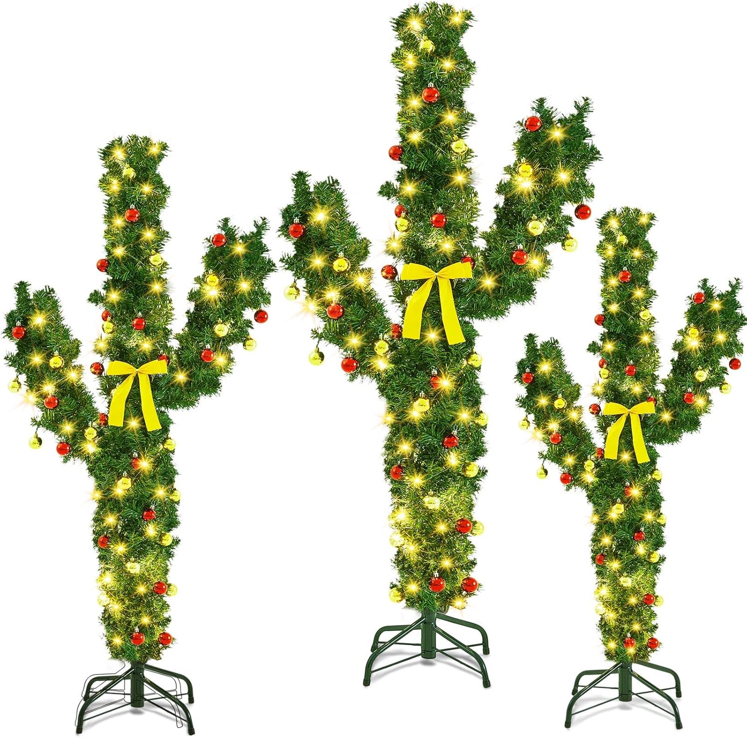 3 Pack 6ft/5ft/4ft Cactus Christmas Tree with 3 String LED Lights Artificial Xmas Tree with Ball and Bow Ornaments, Easy to Assemble Perfect for Holiday Decoration Indoor Xmas Tree