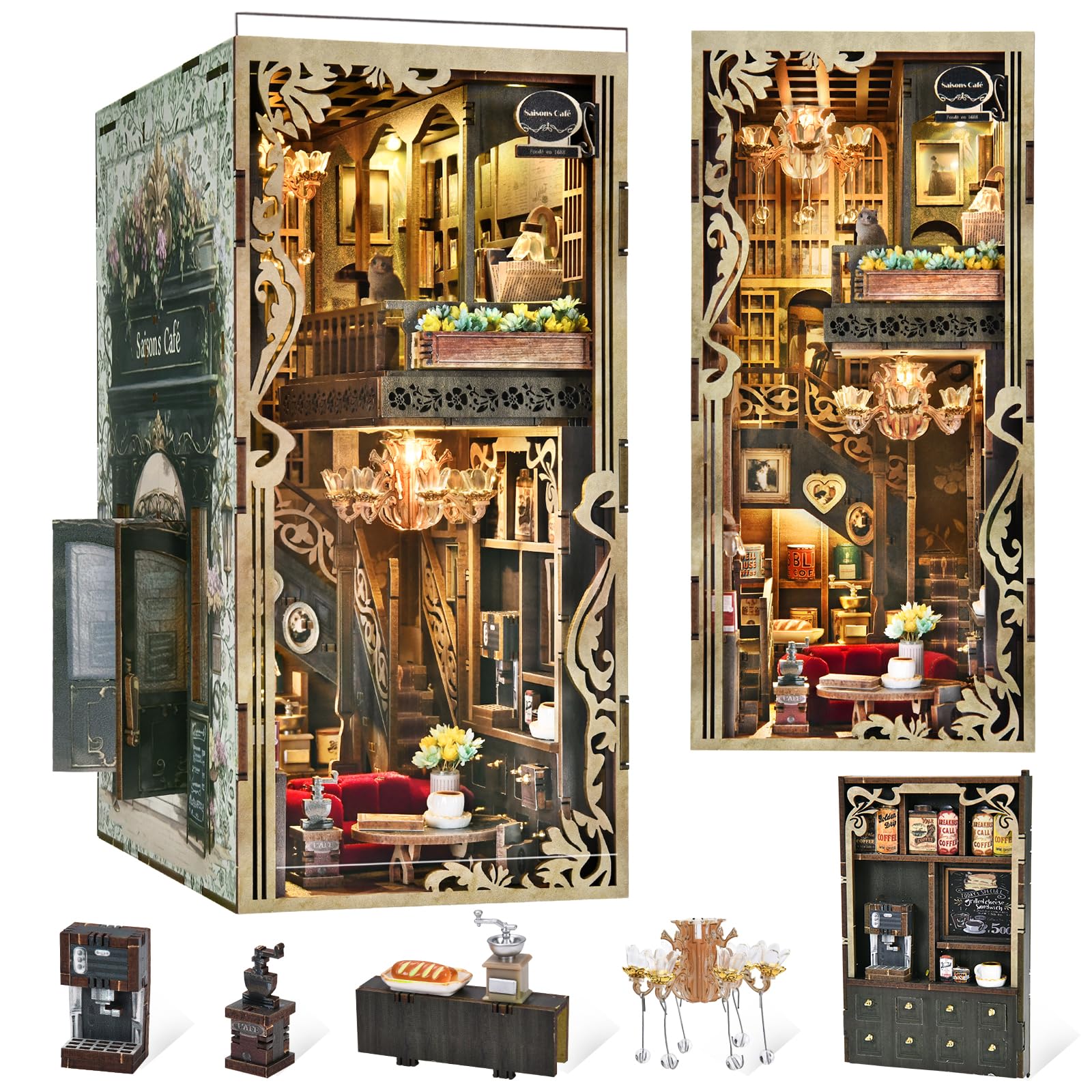CCCDF Book Nook Kits for Adults and Teens, DIY Miniature Dollhouse Kit 3D Wooden Puzzle Booknook Bookend with LED Light, Gifts for Family, Friends (