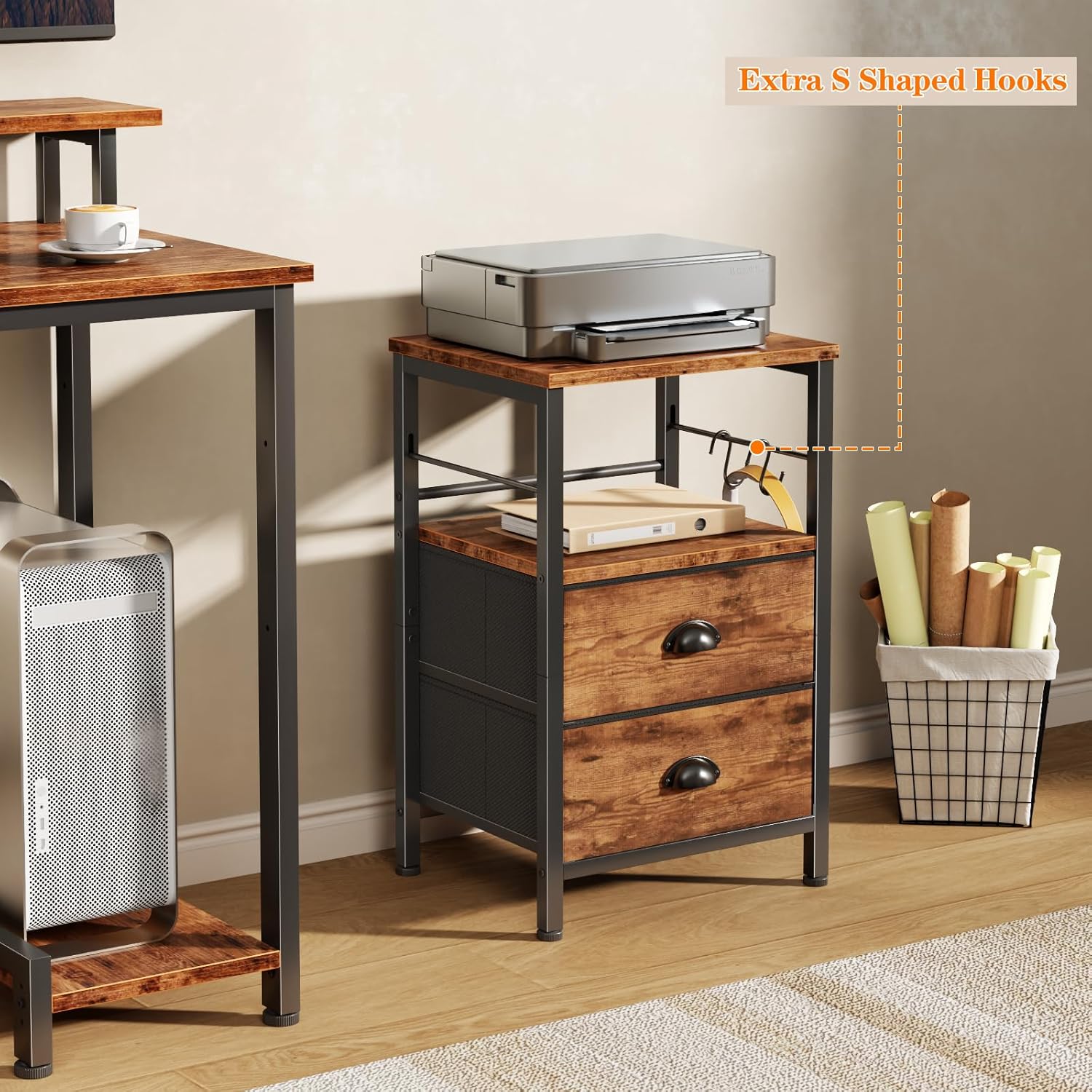 Furologee Nightstand with 2 Fabric Drawers, Night Stand with 2-Tier Shelf, Bedside Table with Hooks, Open Wooden Shelf, End Table for Bedroom, Backboard Design, Metal Frame, Rustic Brown