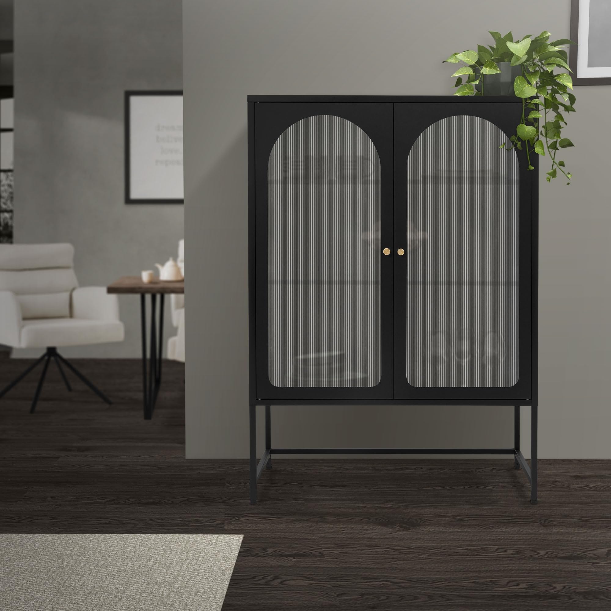 ML-Design Vetrina 85x120x40 cm Nera – Armadio con 3 Ripiani e 2 Ante con Chiusura Magnetica – Mobile in Acciaio Stile Industriale per Soggiorno Libreria Archivio Ufficio